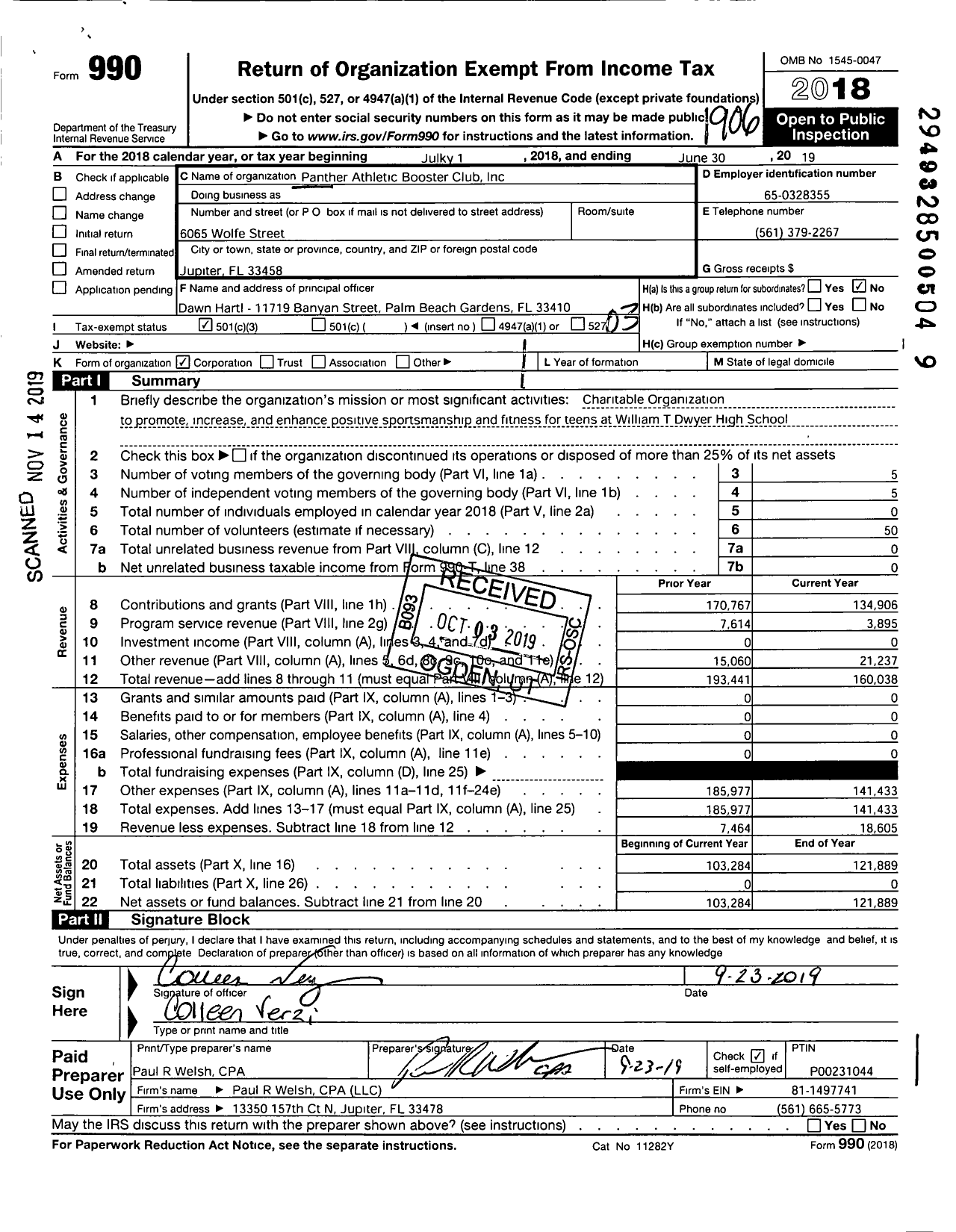 Image of first page of 2018 Form 990 for Panther Athletic Booster Club