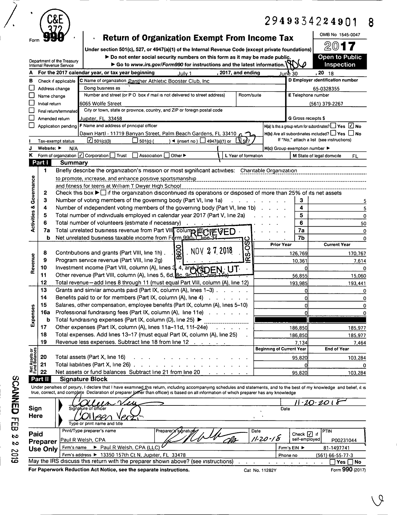 Image of first page of 2017 Form 990 for Panther Athletic Booster Club