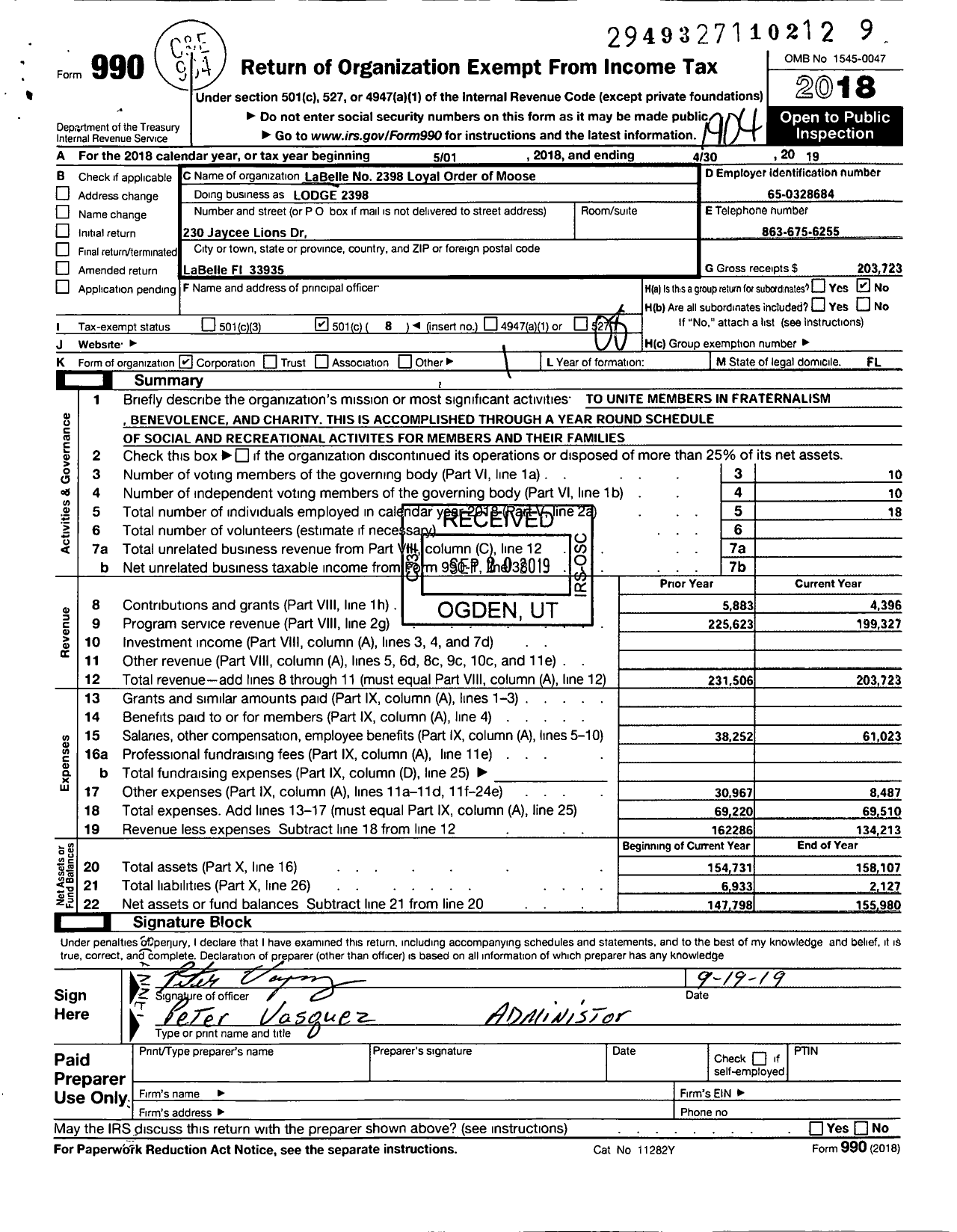 Image of first page of 2018 Form 990O for Loyal Order of Moose - 2398