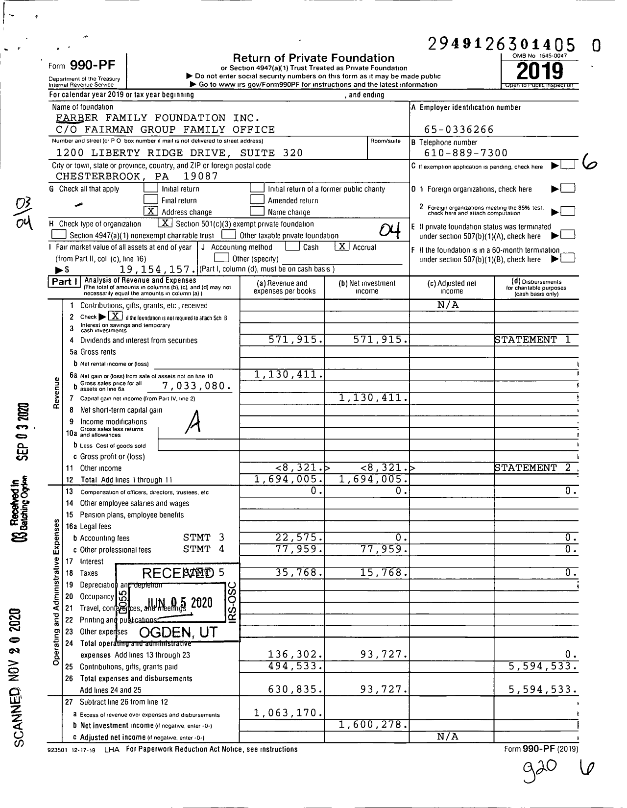 Image of first page of 2019 Form 990PF for Farber Family Foundation