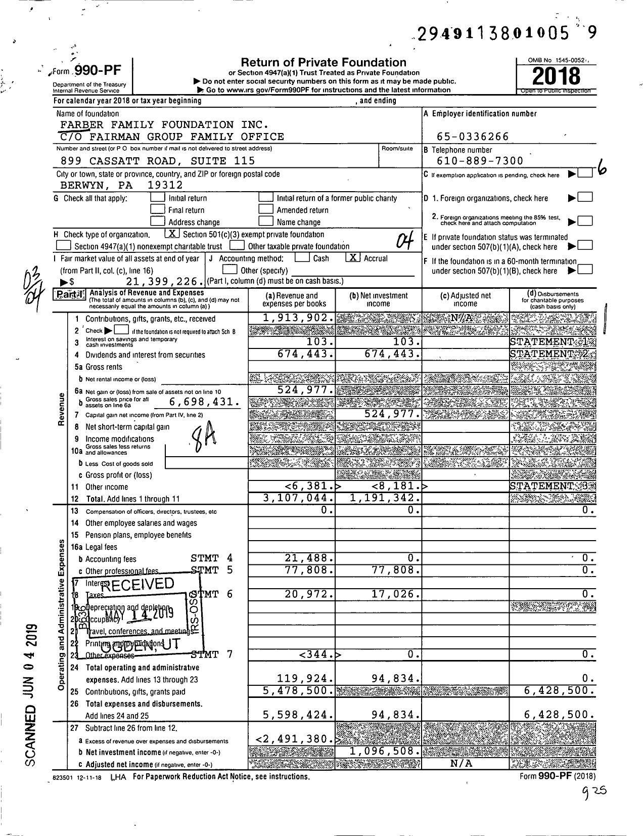 Image of first page of 2018 Form 990PF for Farber Family Foundation