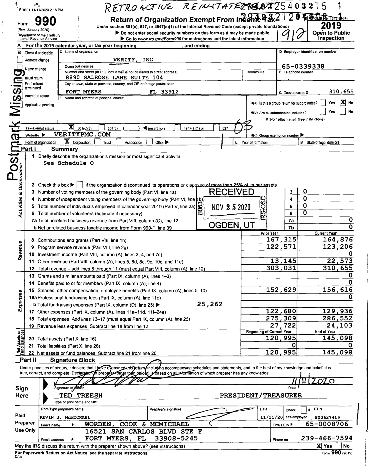 Image of first page of 2019 Form 990 for Verity