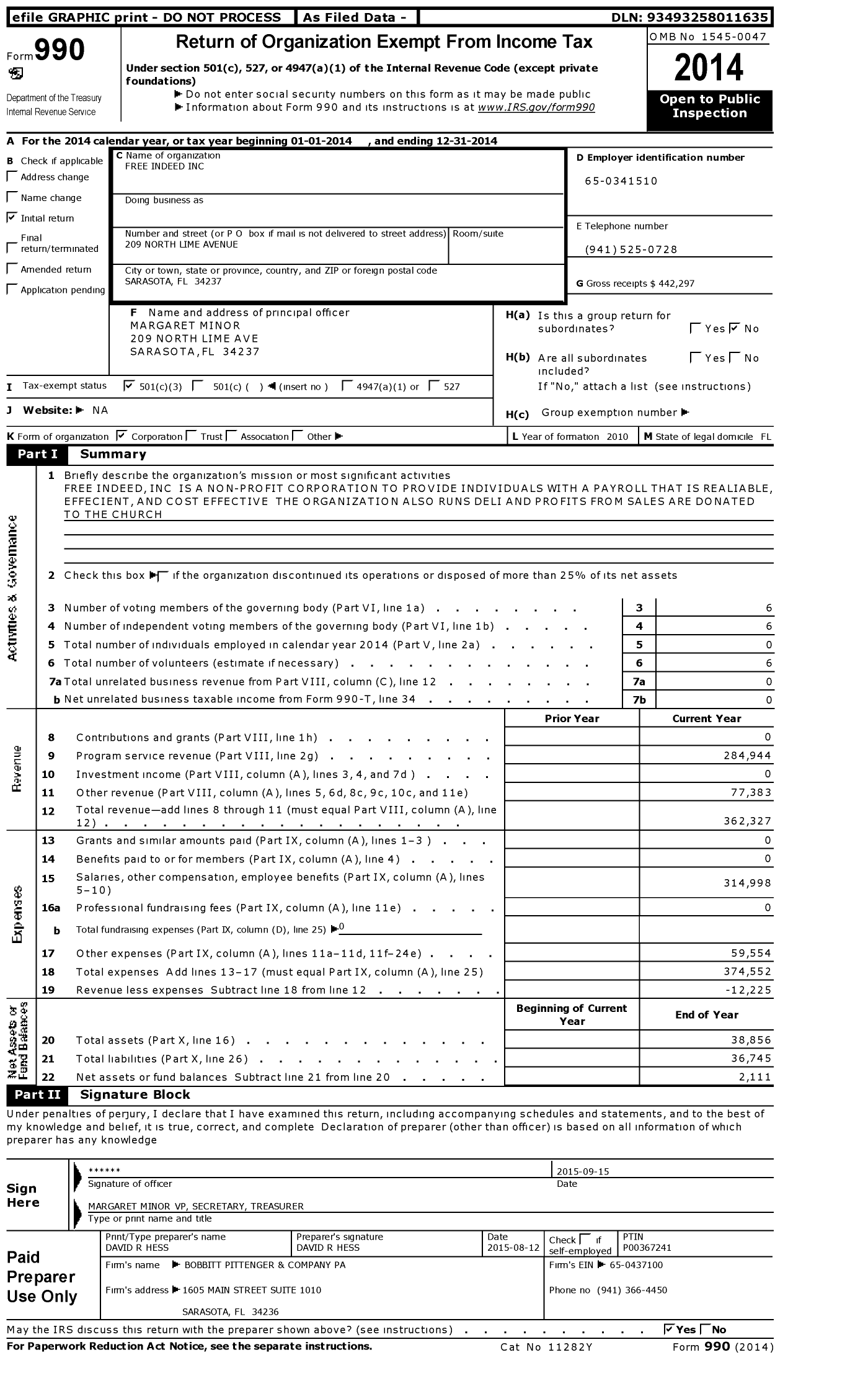 Image of first page of 2014 Form 990 for Free Indeed