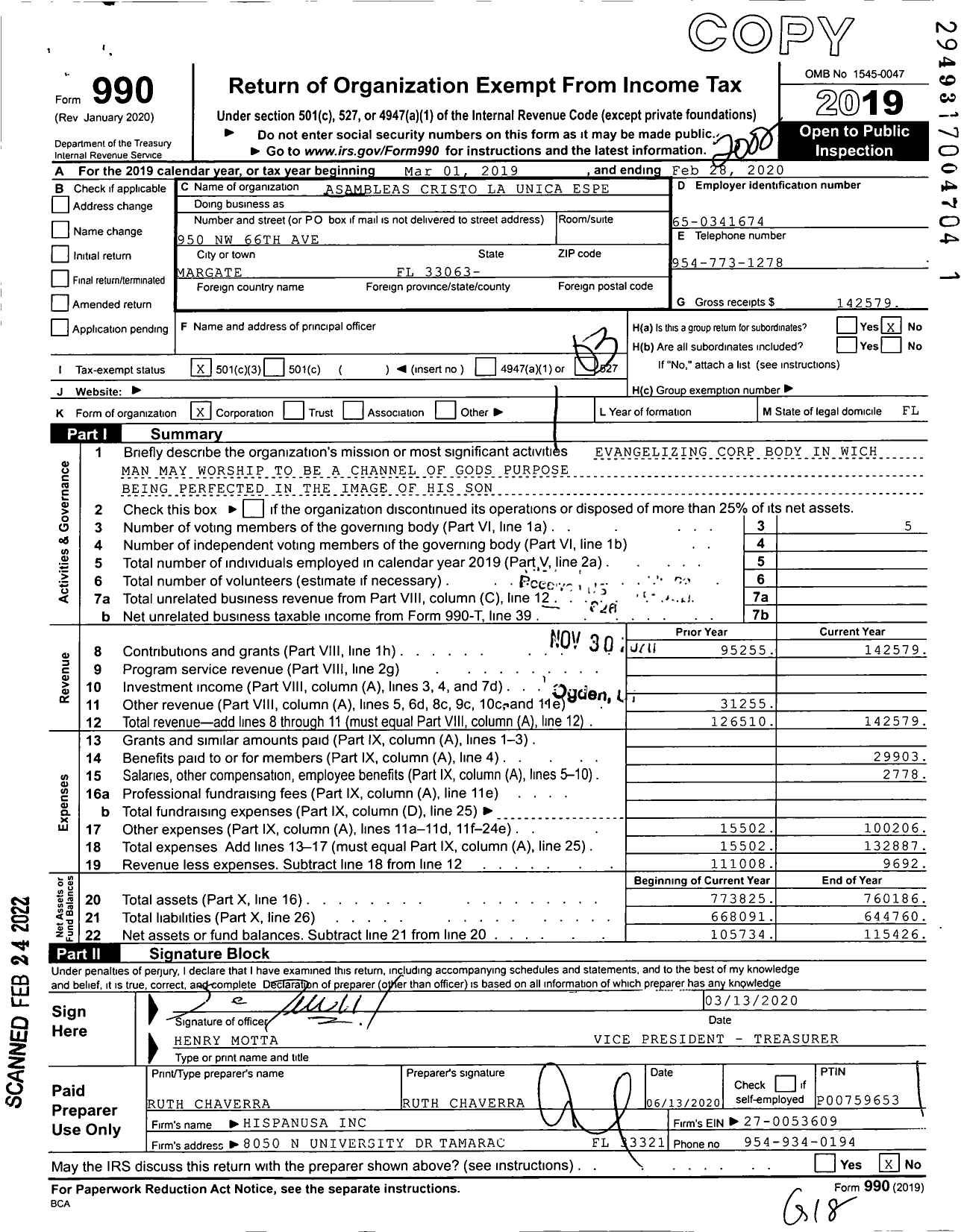 Image of first page of 2019 Form 990 for Iglesia Cristo La Unica Esperanza