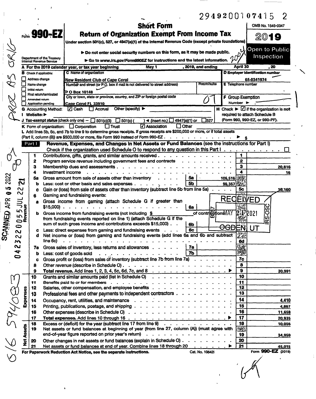 Image of first page of 2019 Form 990EO for New Residents Club of Cape Coral