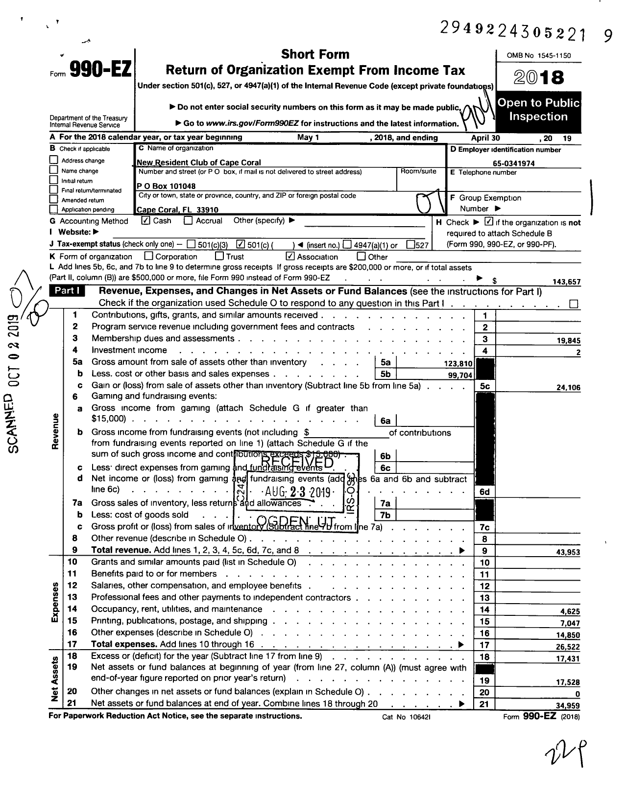 Image of first page of 2018 Form 990EO for New Residents Club of Cape Coral