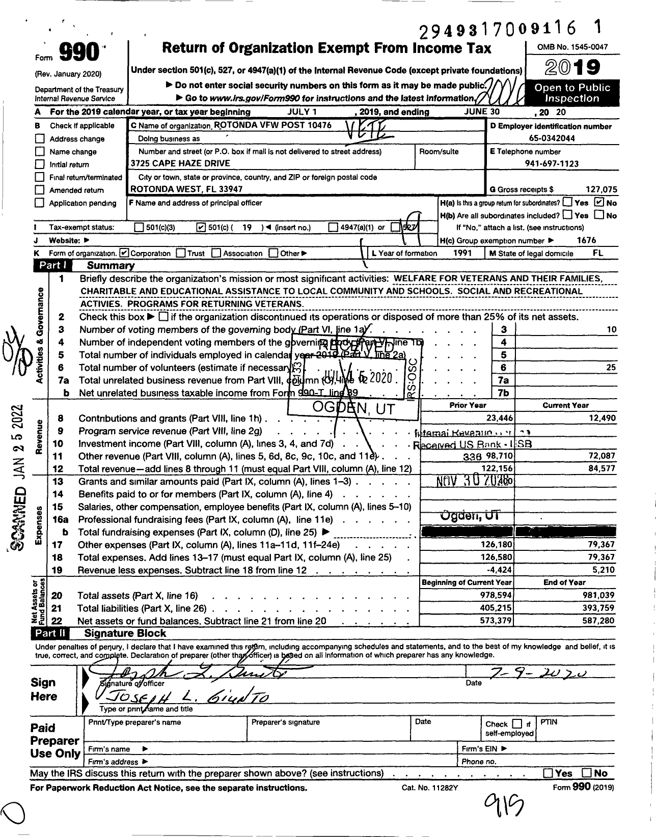 Image of first page of 2019 Form 990O for VFW Department of Florida - Rotonda VFW Post 10476