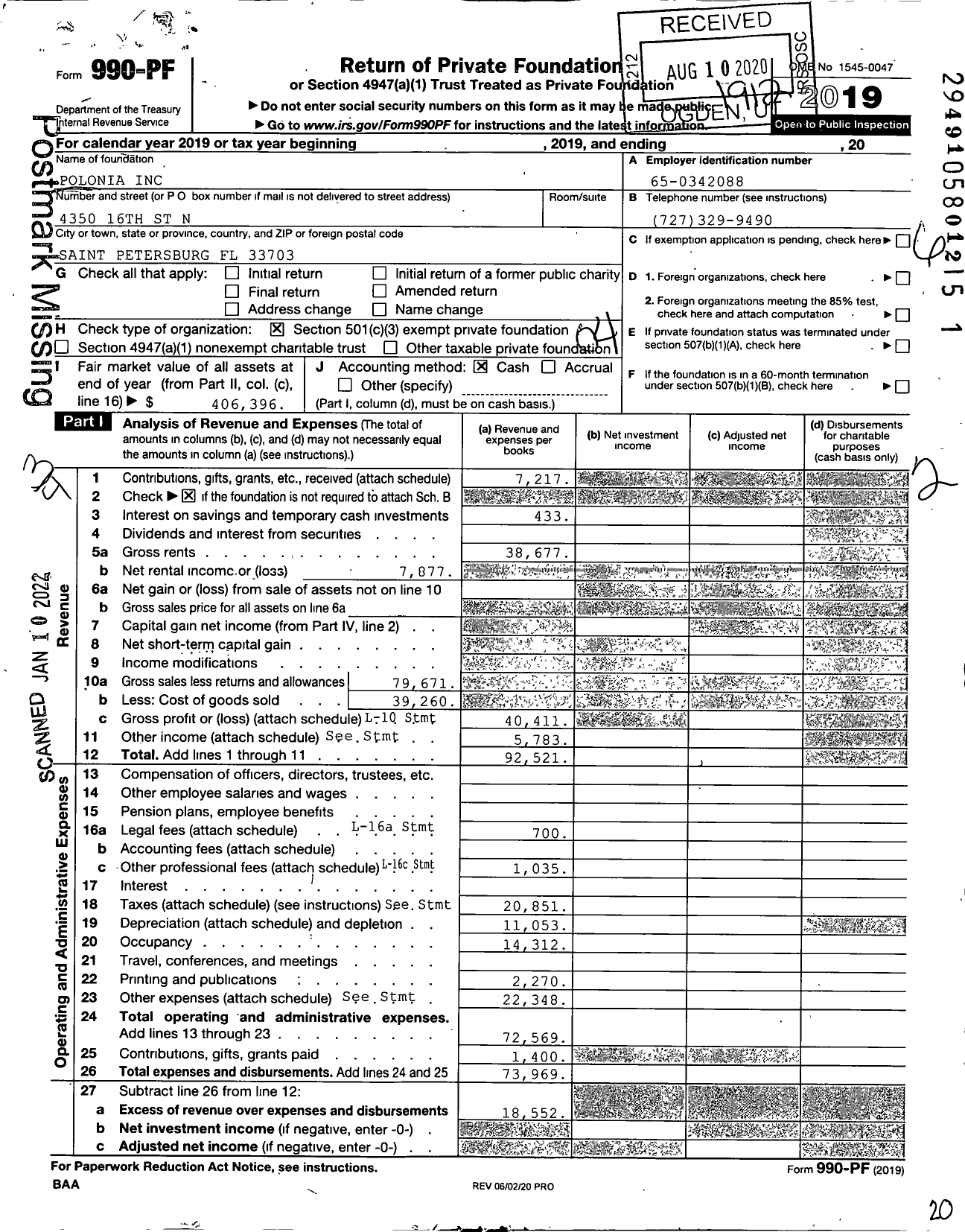 Image of first page of 2019 Form 990PF for Polonia