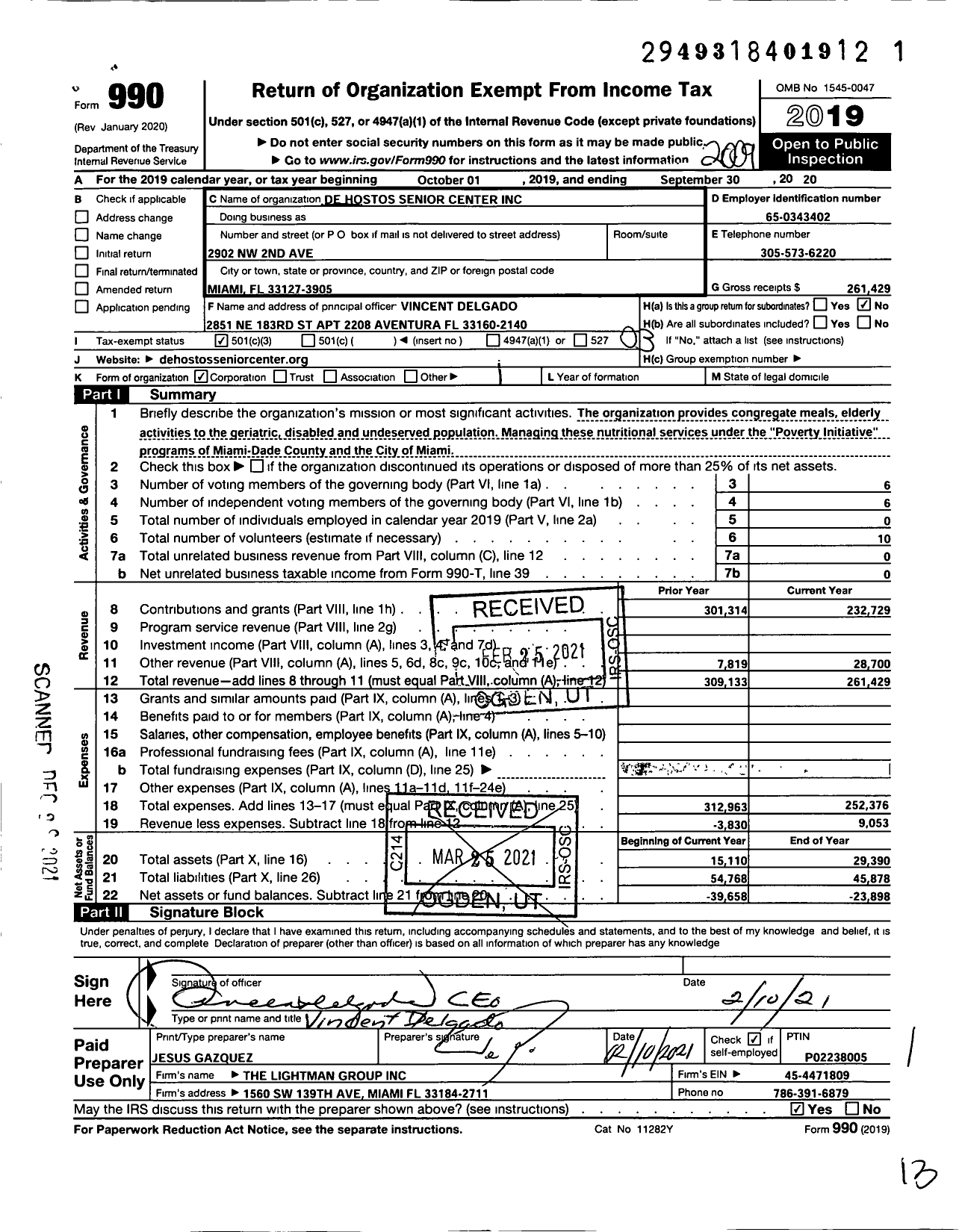 Image of first page of 2019 Form 990 for De Hostos Senior Center