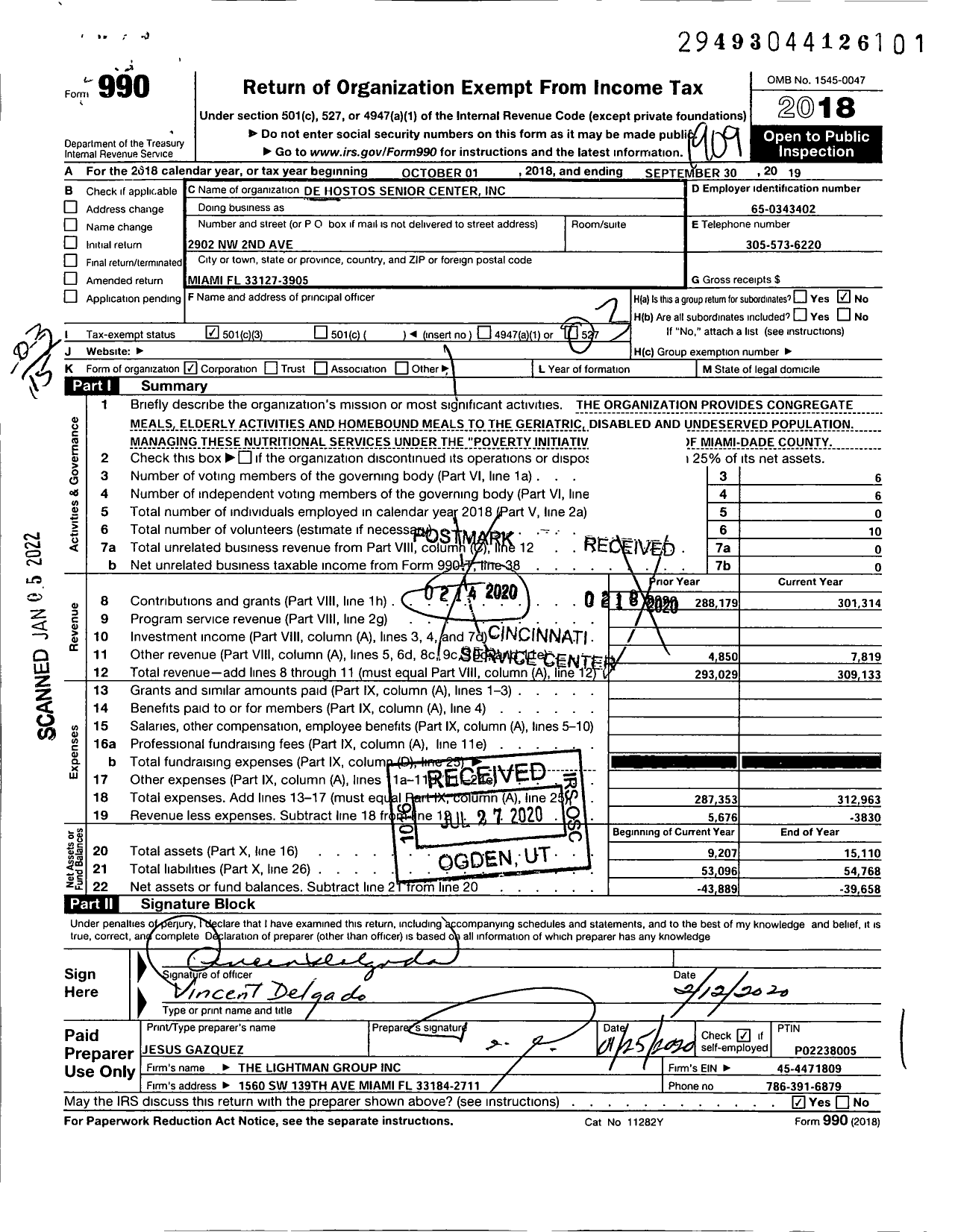 Image of first page of 2018 Form 990 for De Hostos Senior Center