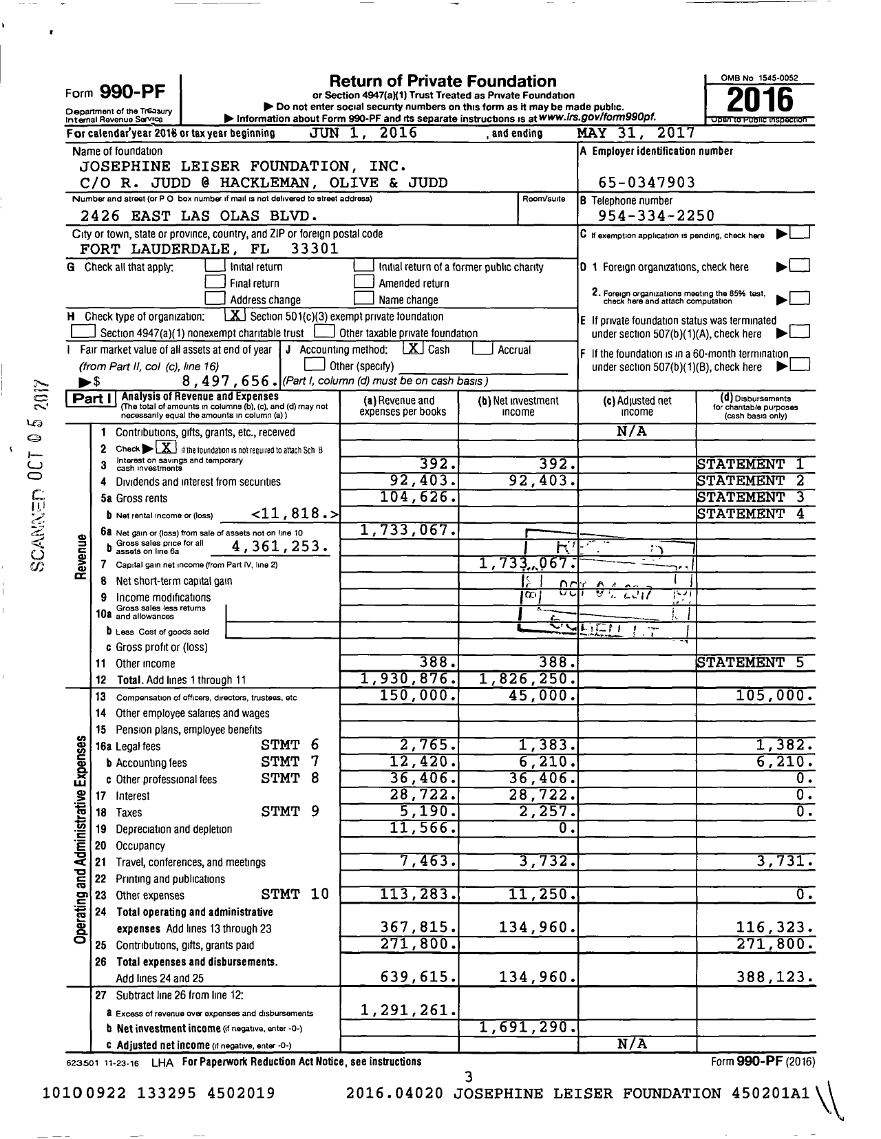 Image of first page of 2016 Form 990PF for Josephine S Leiser Foundation