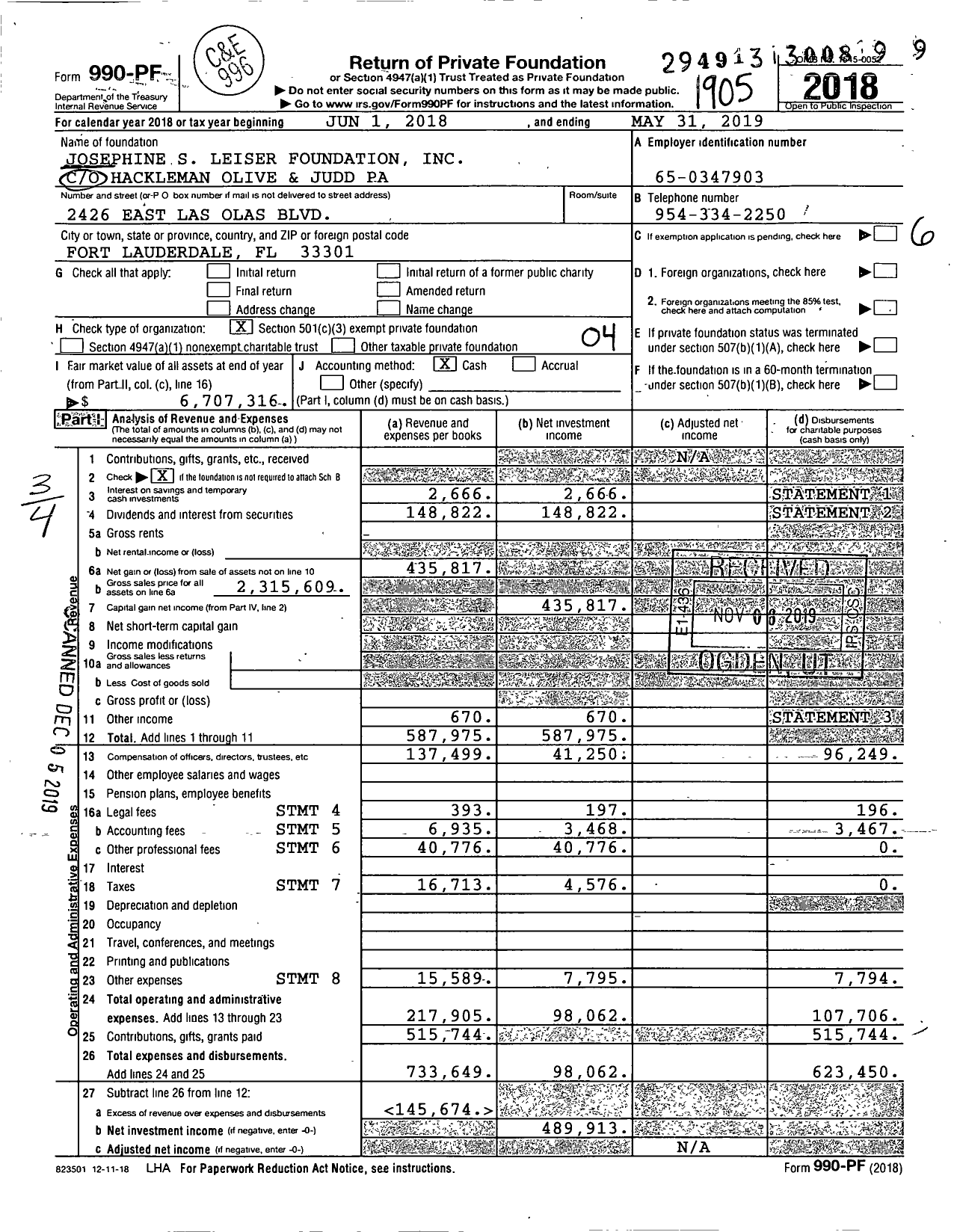 Image of first page of 2018 Form 990PF for Josephine S Leiser Foundation