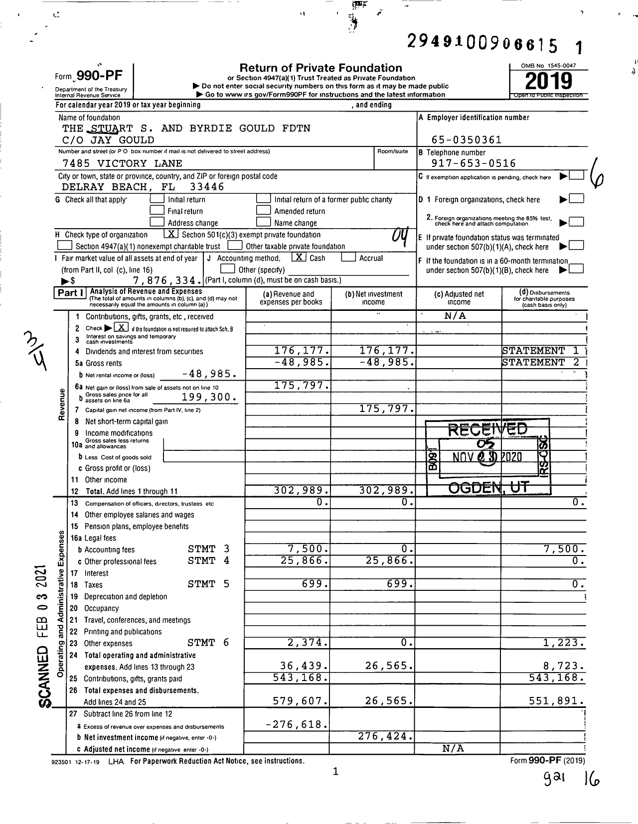 Image of first page of 2019 Form 990PF for The Stuart S and Byrdie Gould FDTN