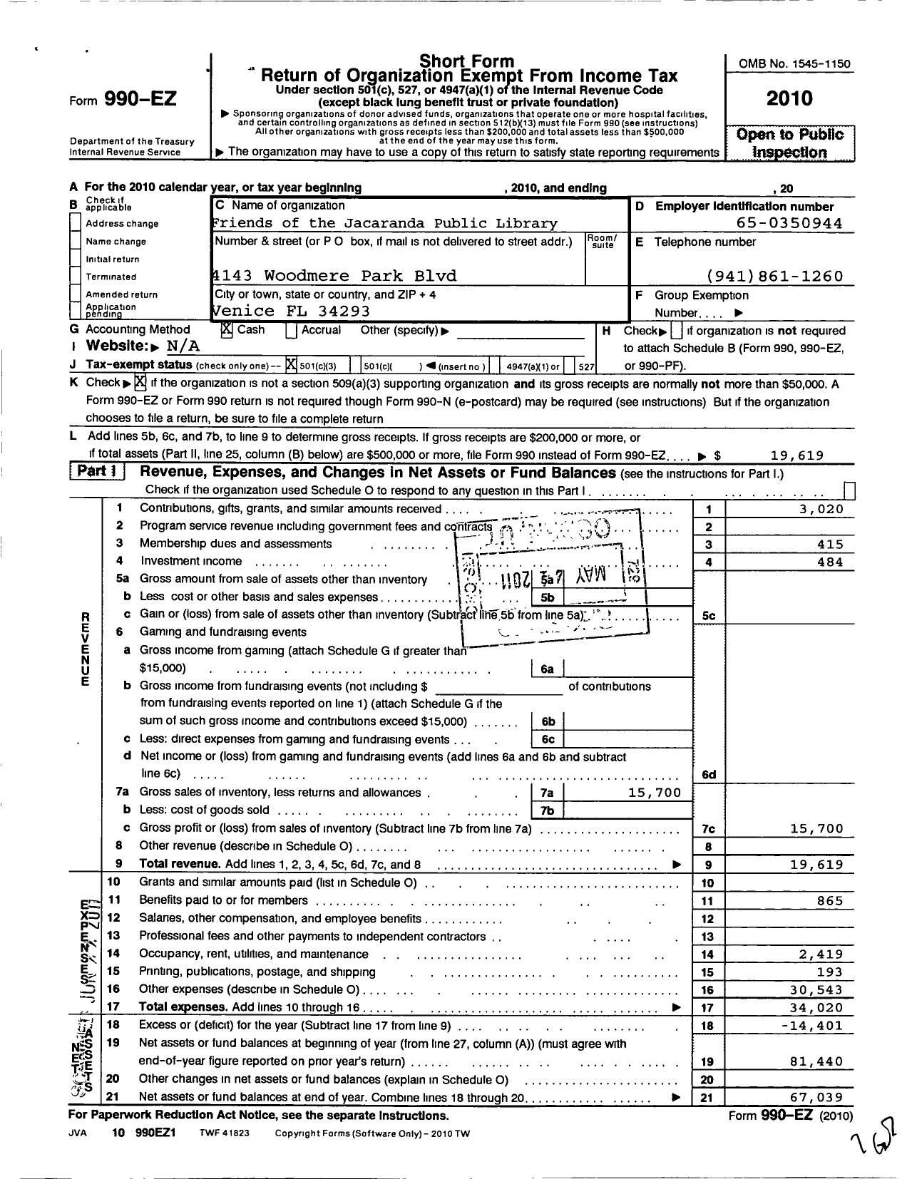 Image of first page of 2010 Form 990EZ for Friends of the Jacaranda Public Library