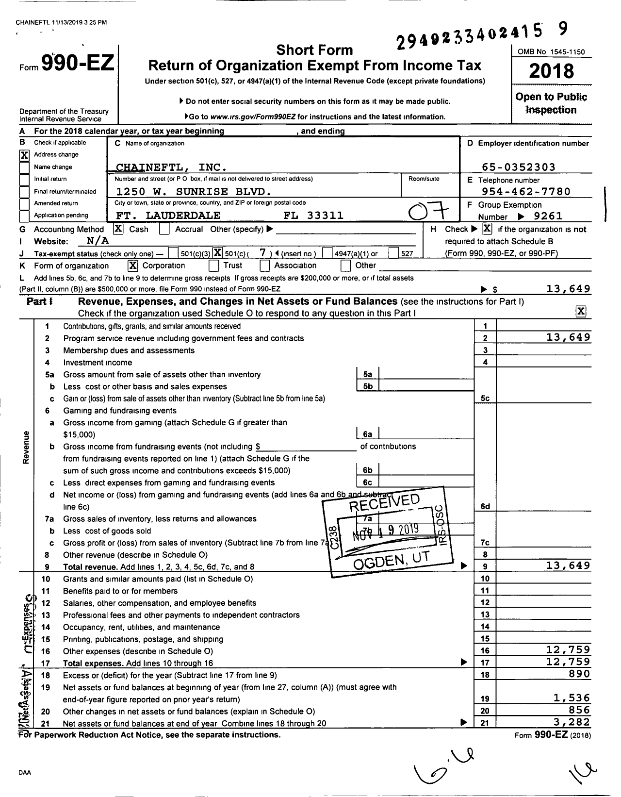 Image of first page of 2018 Form 990EO for Chaineftl