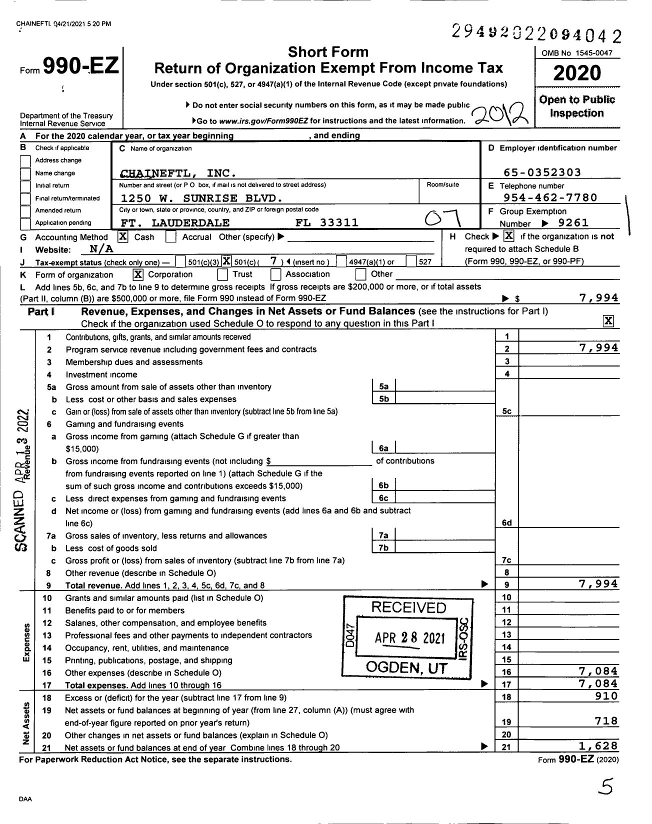 Image of first page of 2020 Form 990EO for Chaineftl