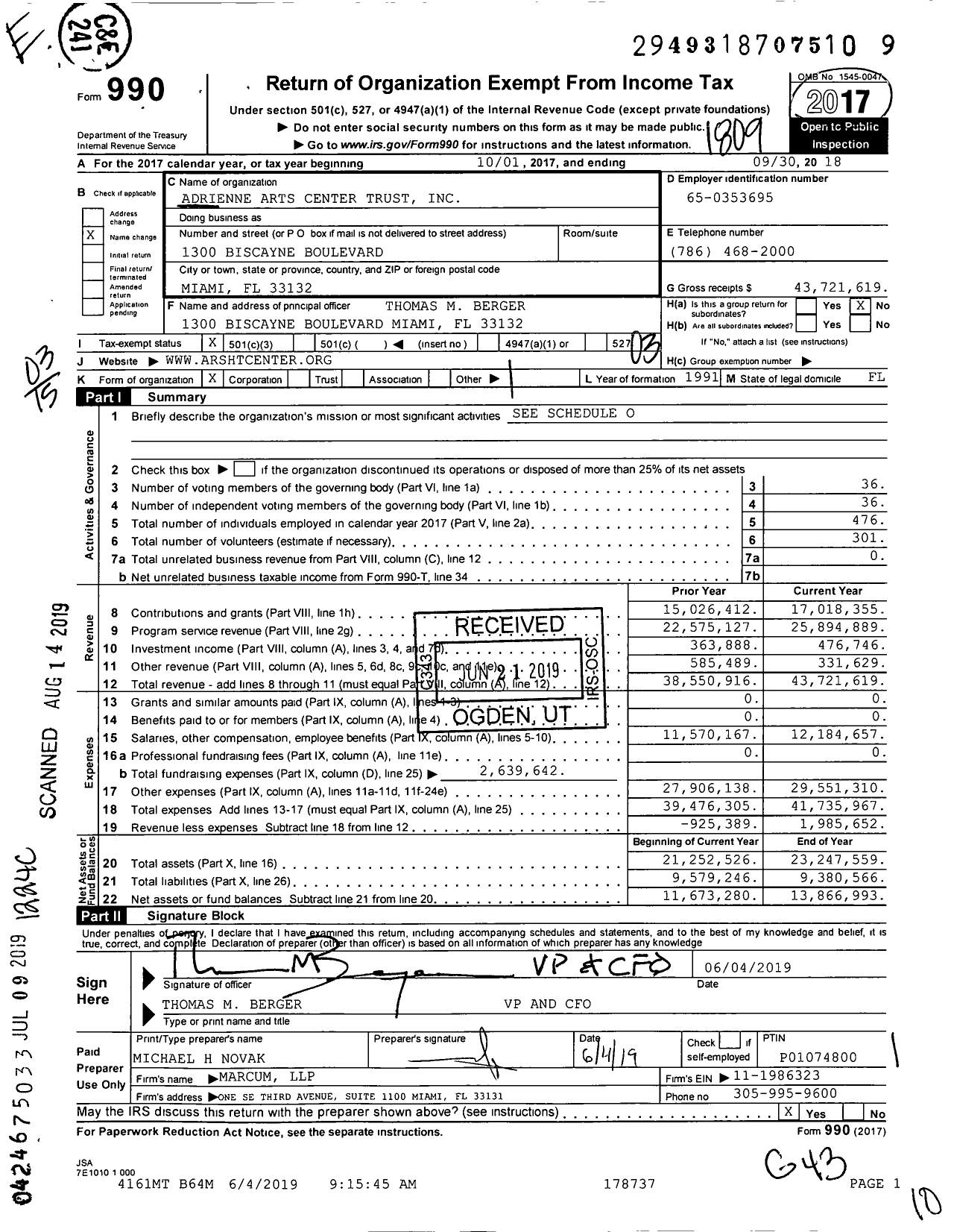 Image of first page of 2017 Form 990 for Adrienne Arsht Center Trust