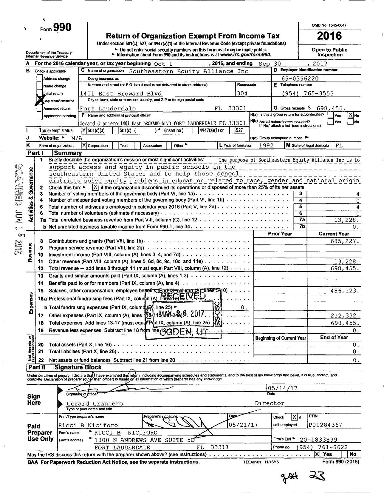 Image of first page of 2016 Form 990 for Southeastern Equity Alliance