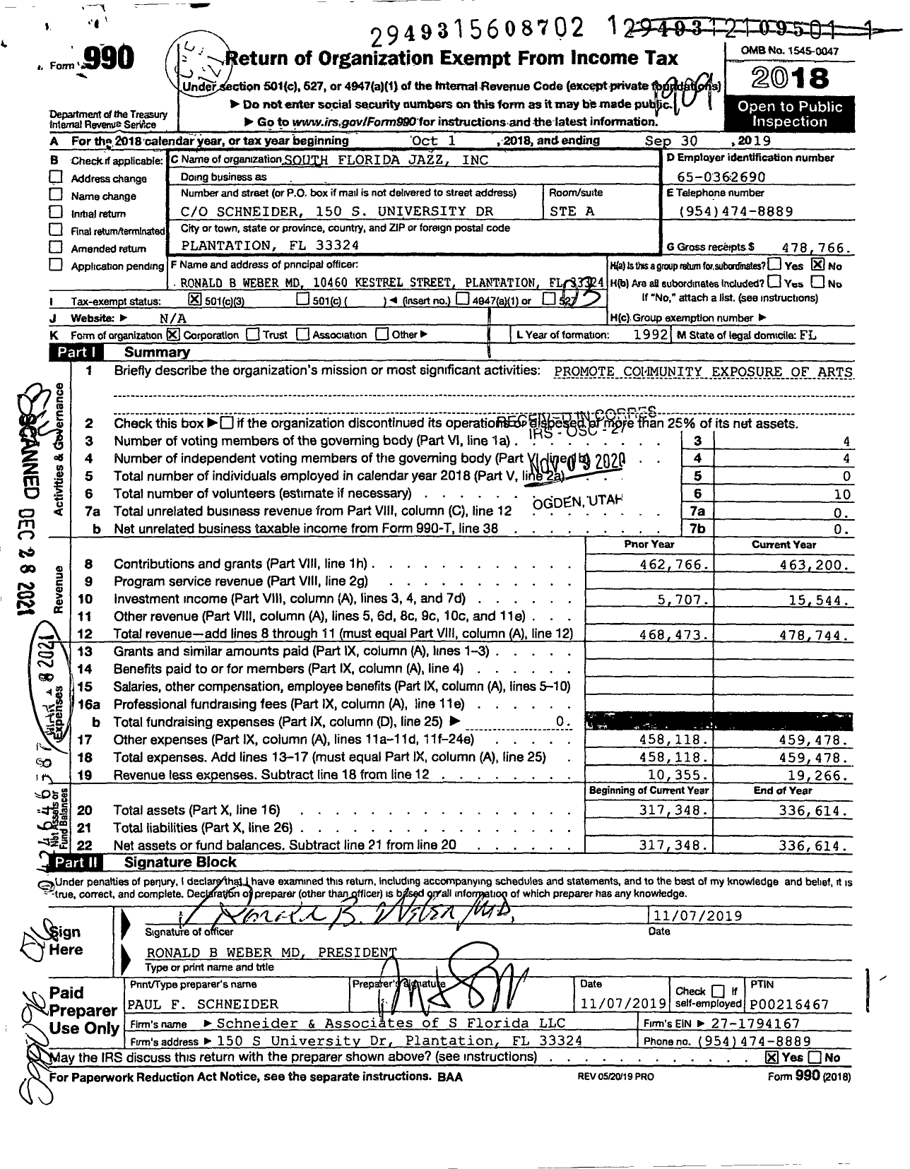 Image of first page of 2018 Form 990 for South Florida Jazz