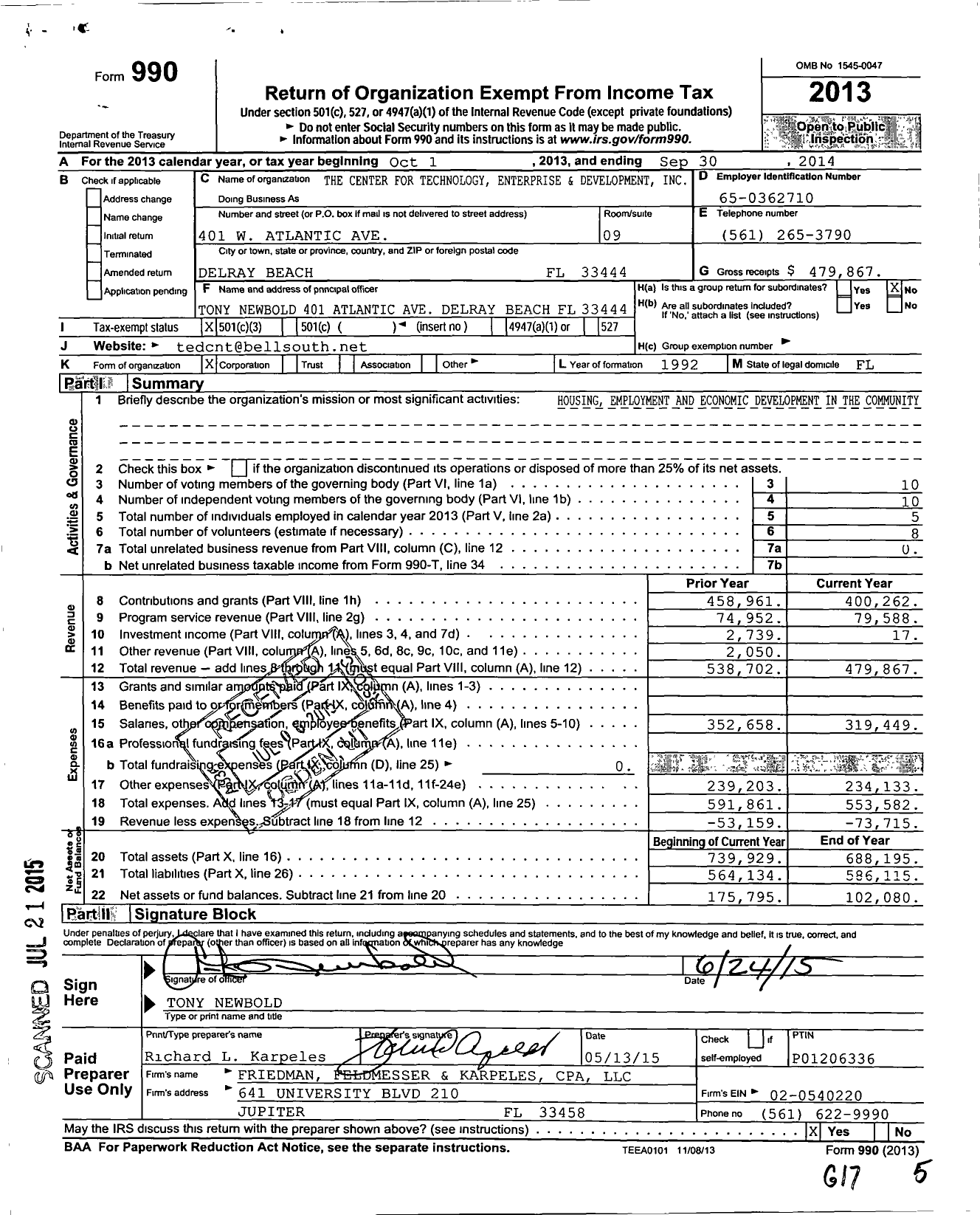 Image of first page of 2013 Form 990 for The Center for Technology Enterprise and Development