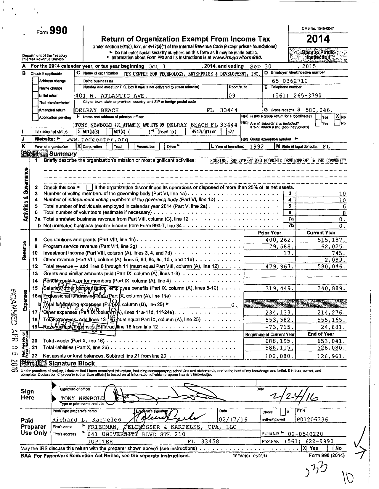 Image of first page of 2014 Form 990 for The Center for Technology Enterprise and Development