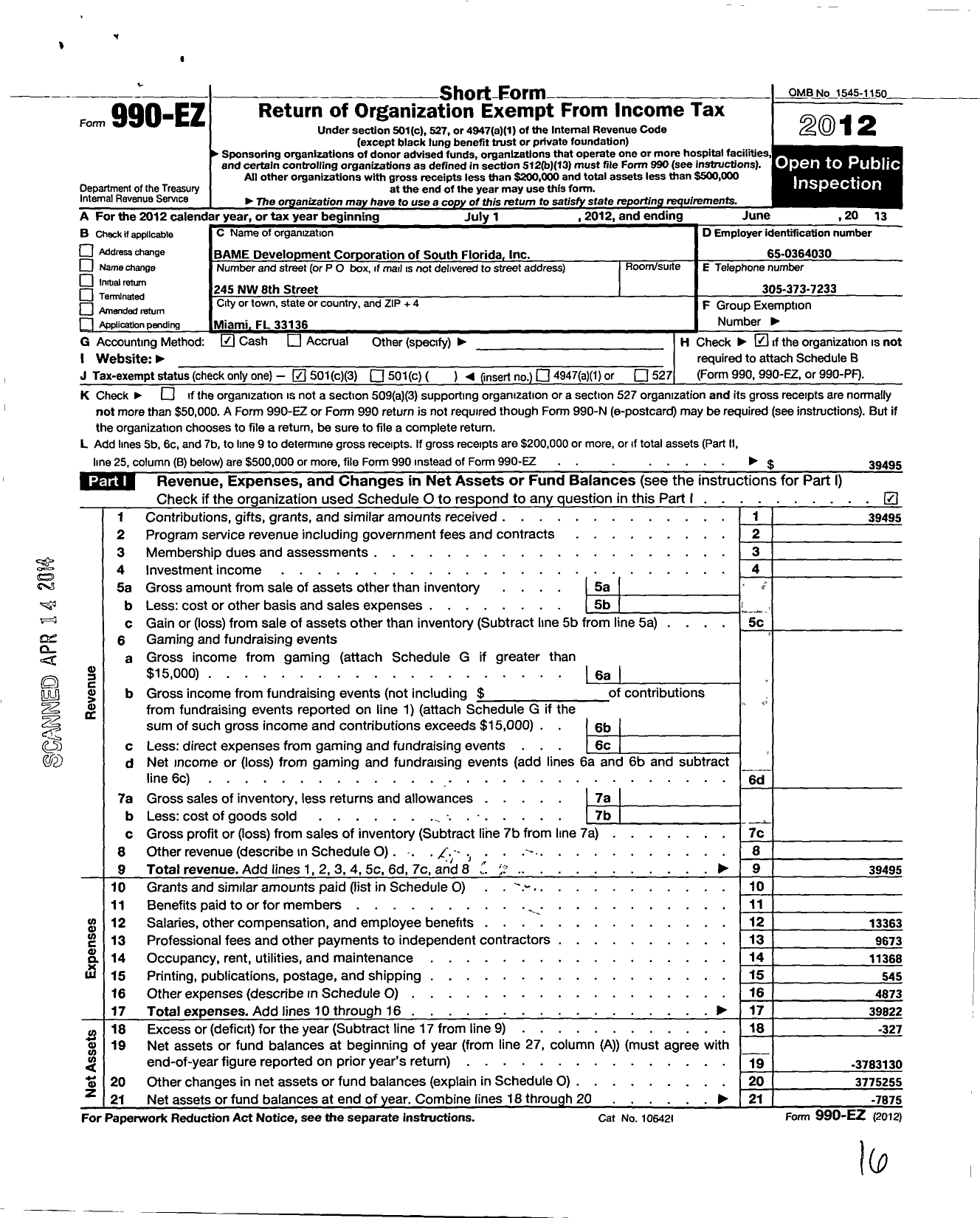 Image of first page of 2012 Form 990EZ for BAME Development Corporation of South Florida