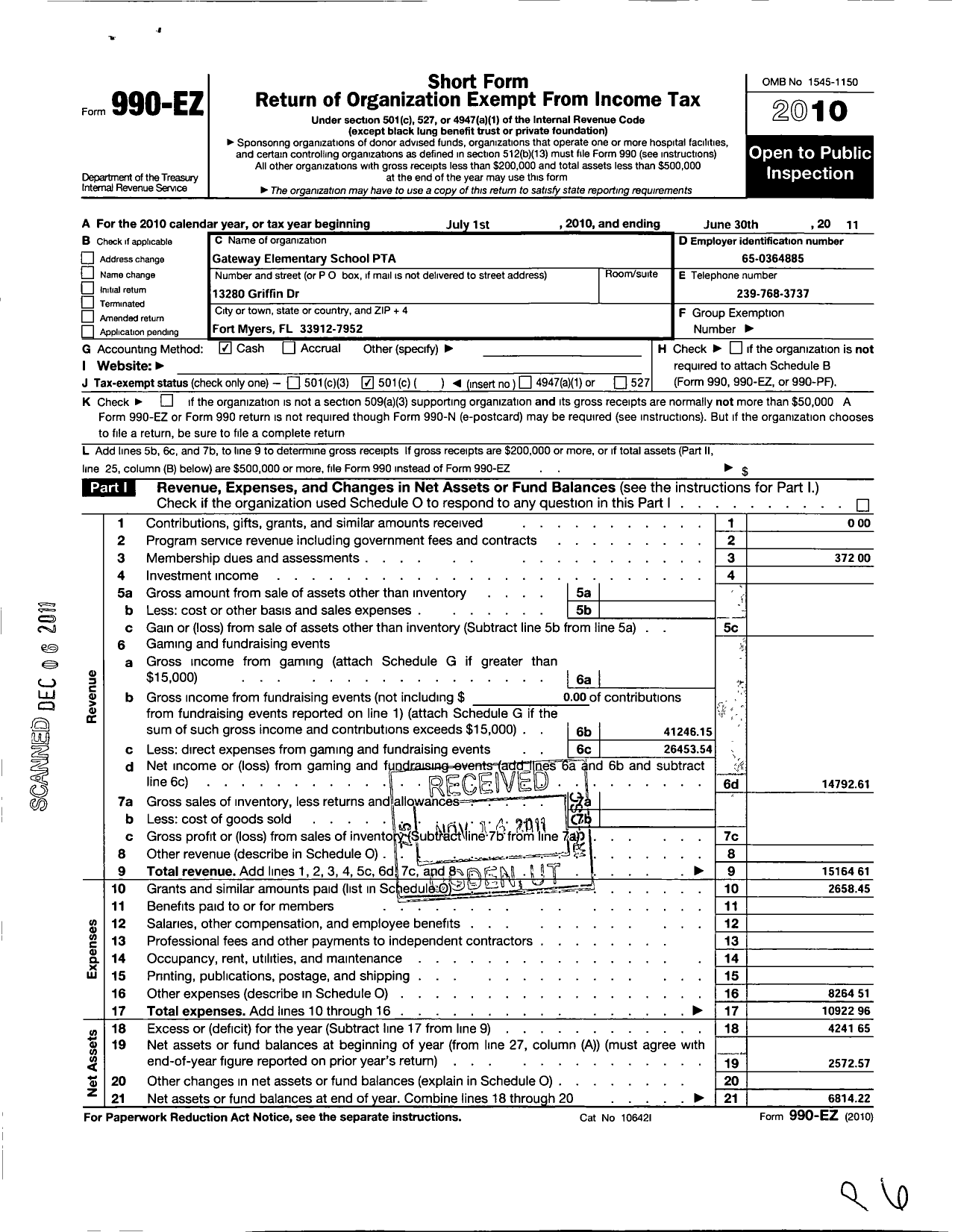 Image of first page of 2010 Form 990EO for PTA Florida Congress - Gateway Elementary PTA