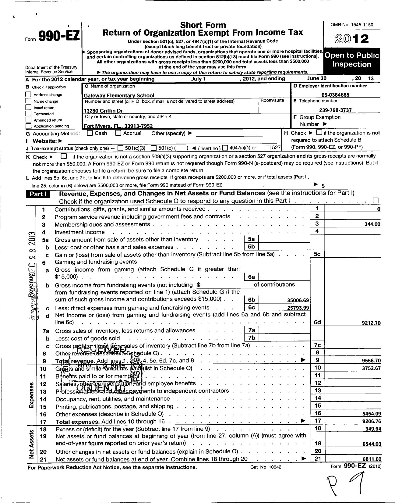 Image of first page of 2012 Form 990EO for PTA Florida Congress - Gateway Elementary PTA