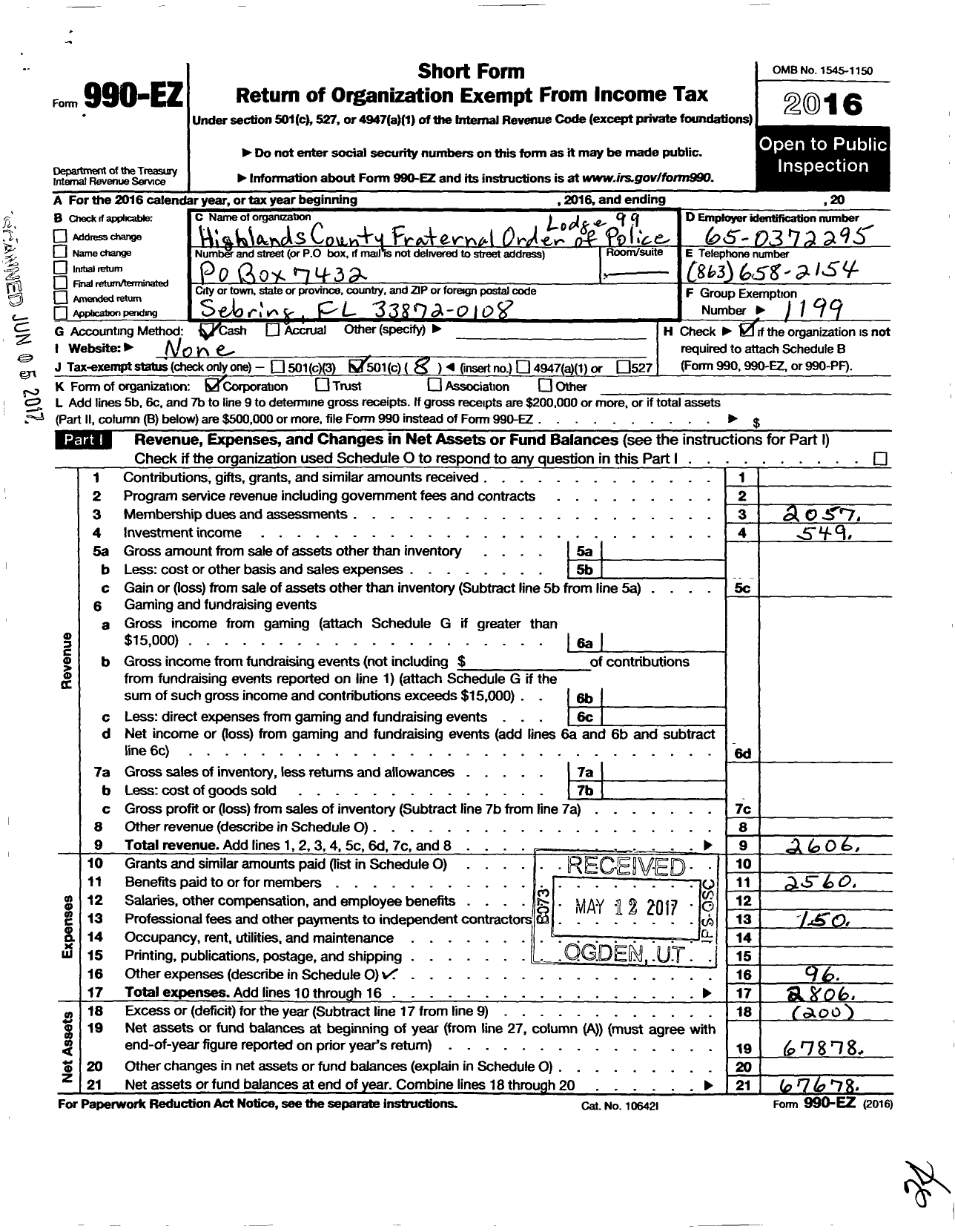 Image of first page of 2016 Form 990EO for Fraternal Order of Police - 99 Highlands County Lodge