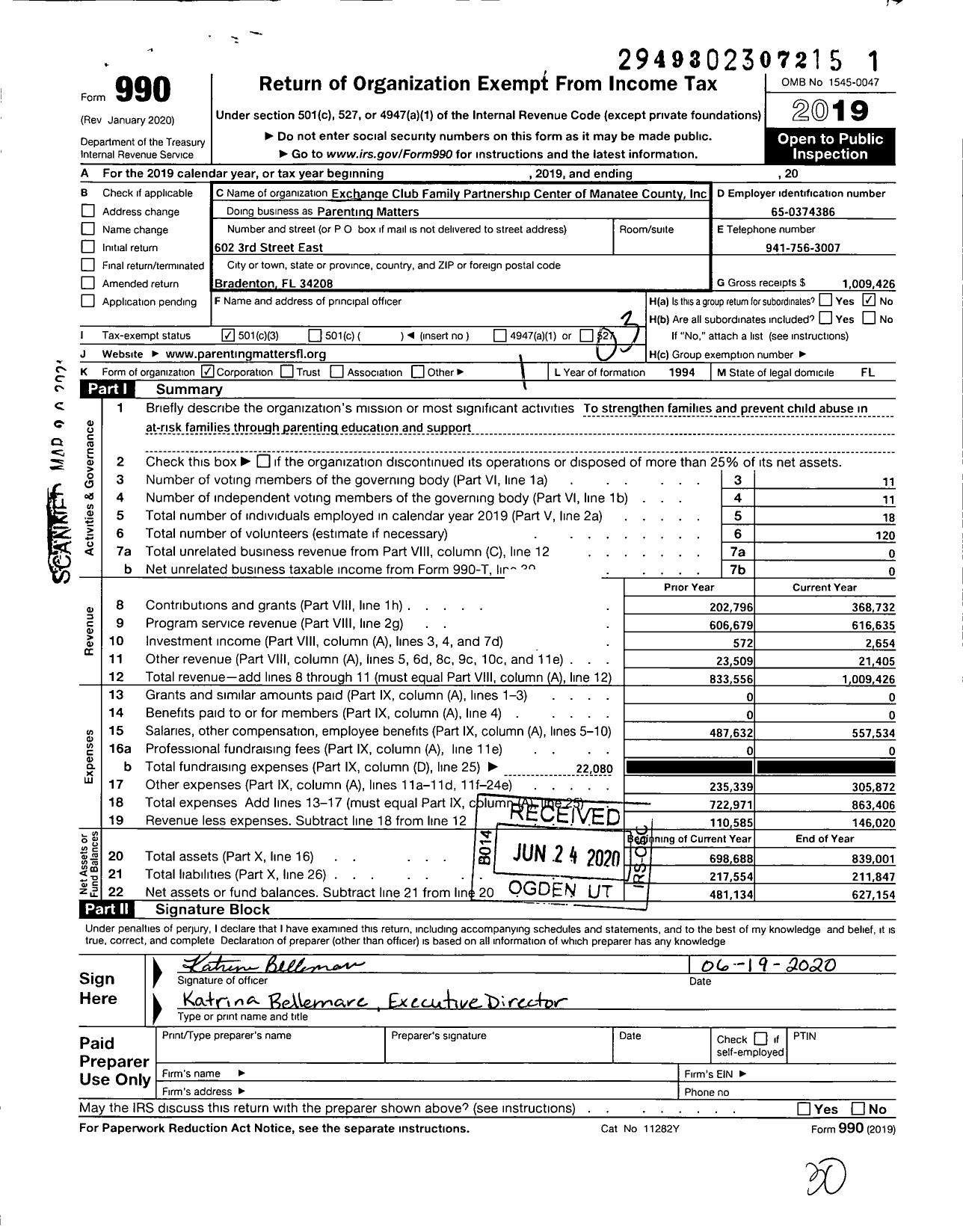 Image of first page of 2019 Form 990 for Parenting Matters