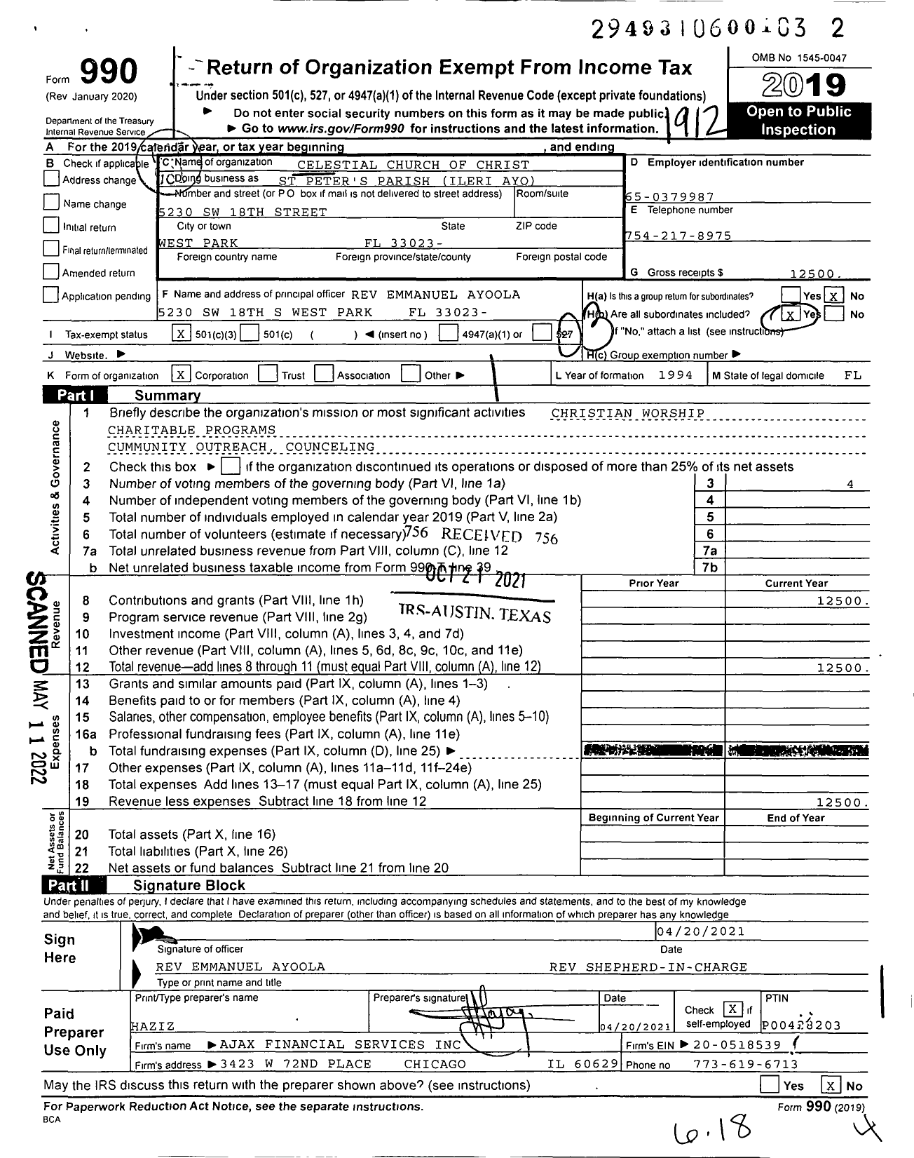 Image of first page of 2019 Form 990 for Celestial Church of Christ