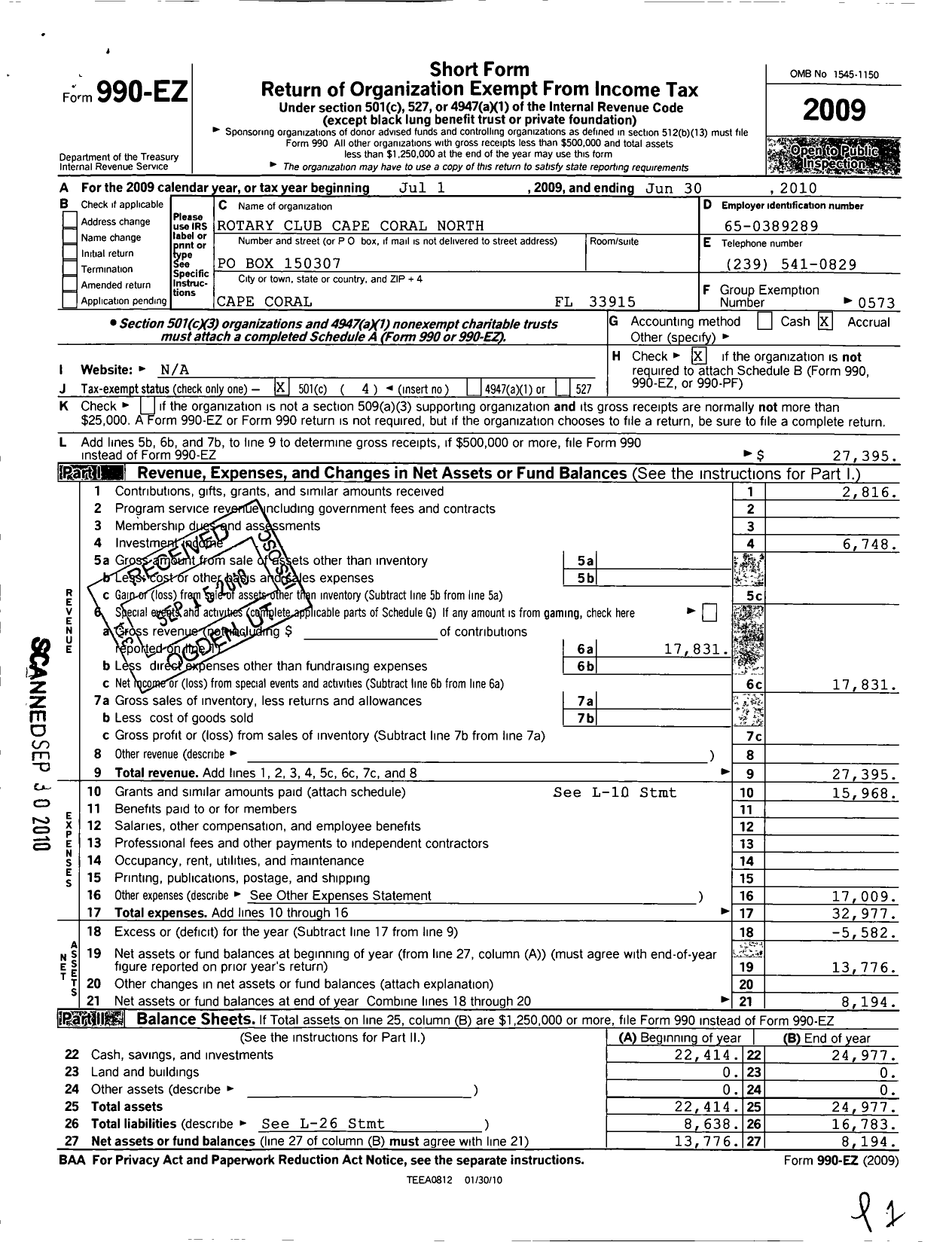 Image of first page of 2009 Form 990EO for Rotary International - Cape Coral Sunset