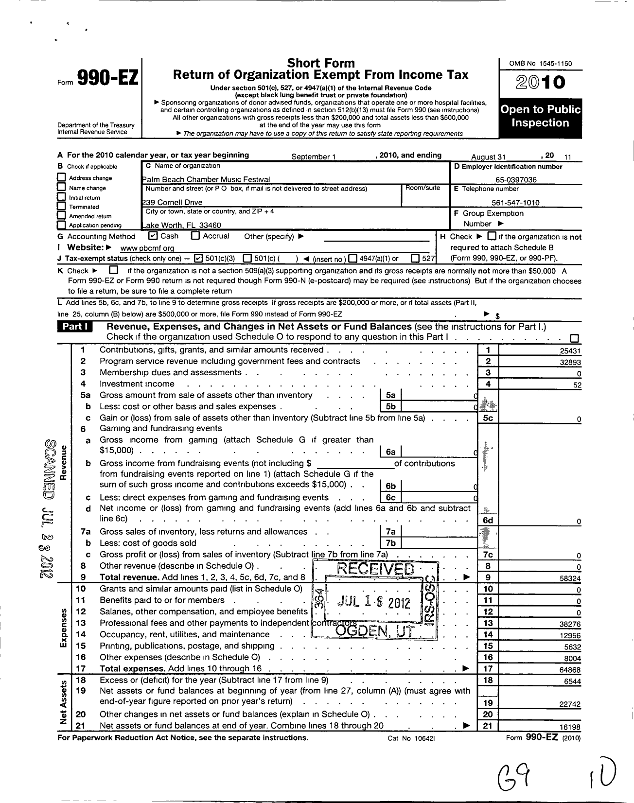 Image of first page of 2010 Form 990EZ for Palm Beach Chamber Music Festival