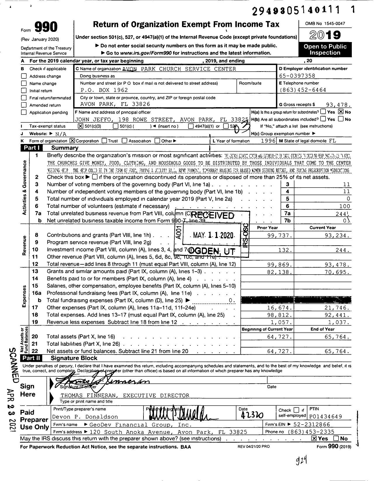 Image of first page of 2019 Form 990 for Avon Park Church Service Center