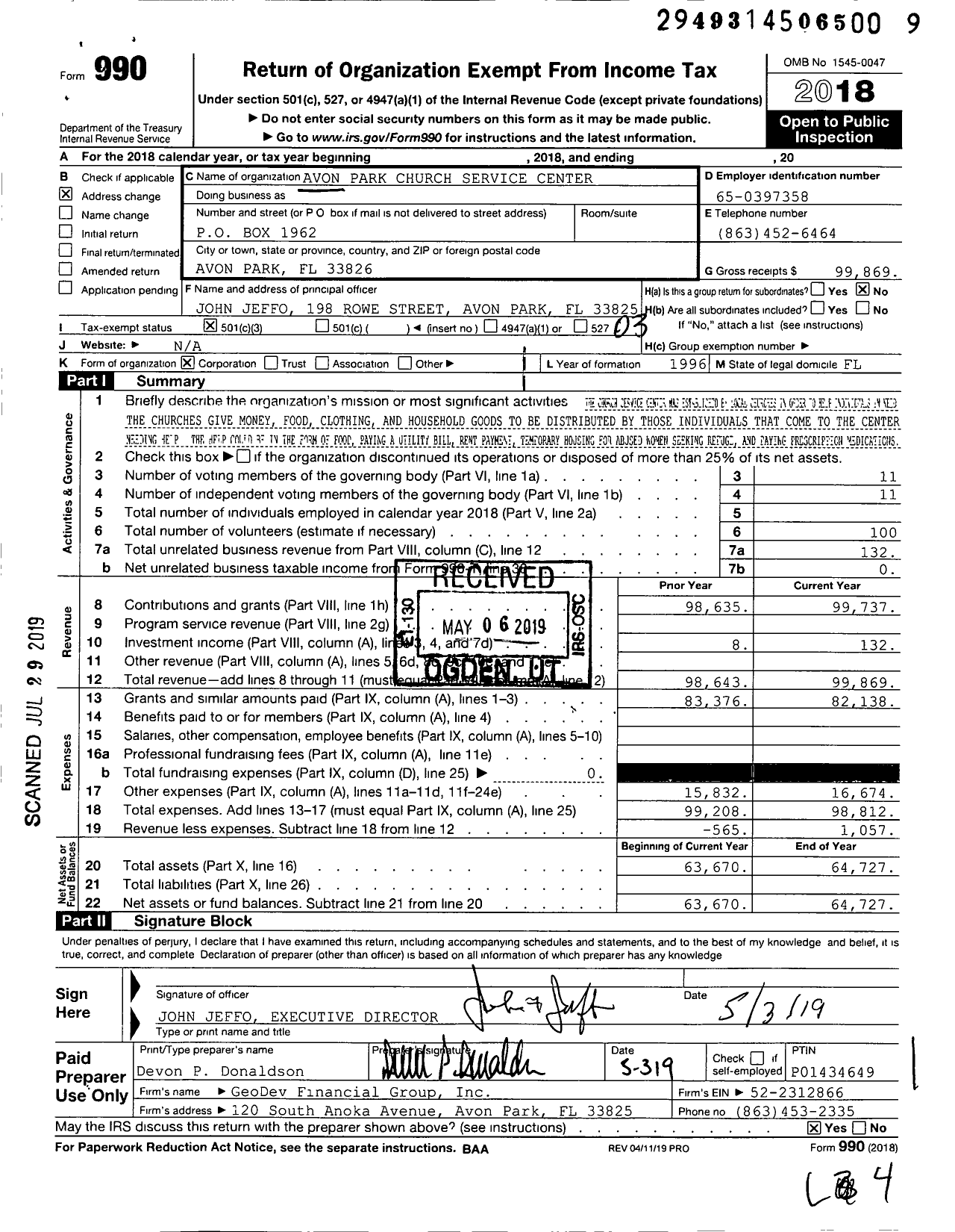 Image of first page of 2018 Form 990 for Avon Park Church Service Center