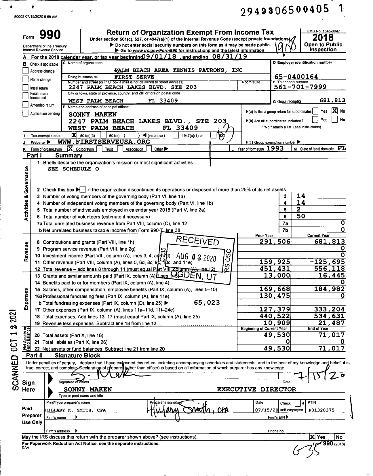 Image of first page of 2018 Form 990 for First Serve / Palm Beach Area Tennis Patrons Inc