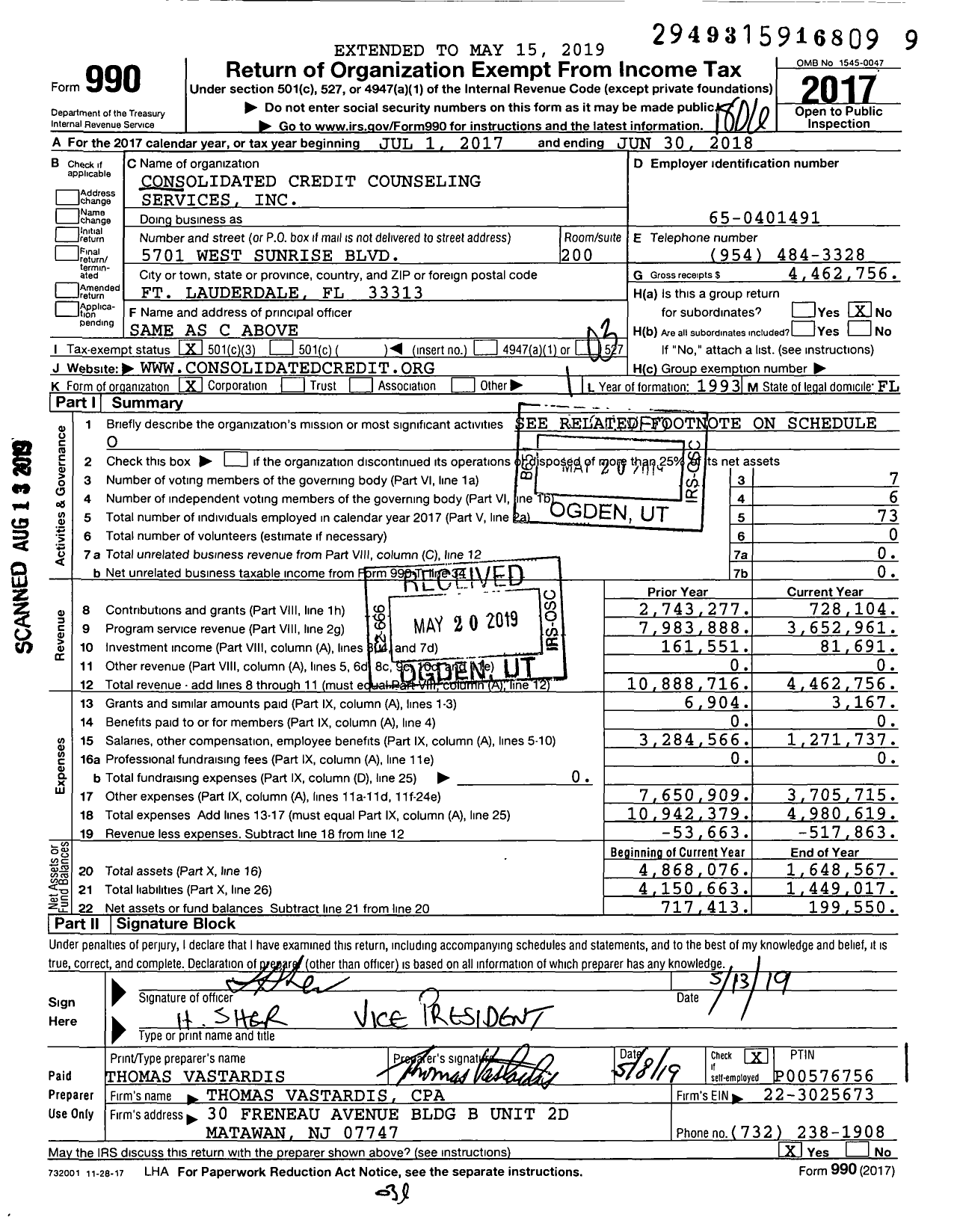 Image of first page of 2017 Form 990 for Consolidated Credit Counseling Services