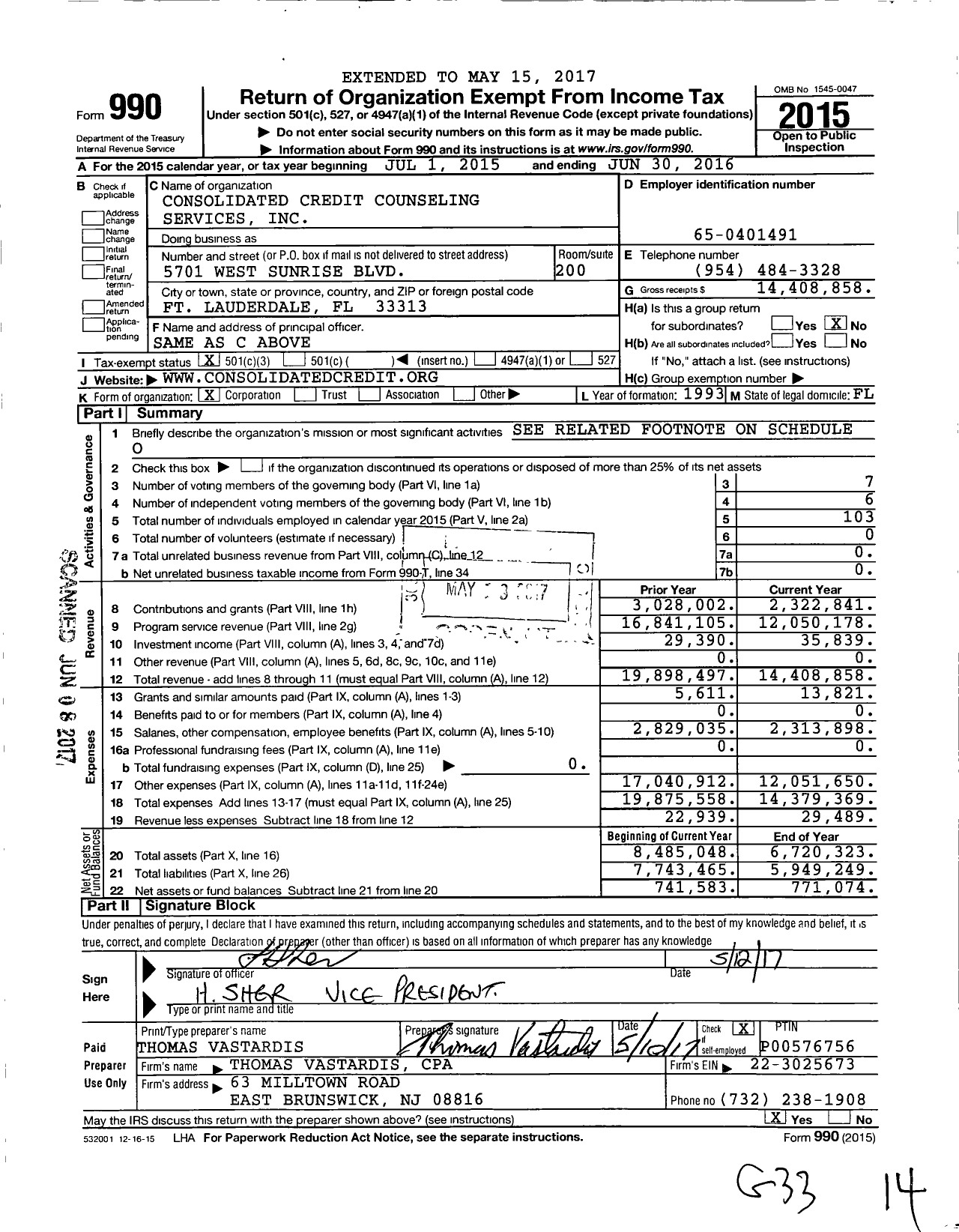 Image of first page of 2015 Form 990 for Consolidated Credit Counseling Services