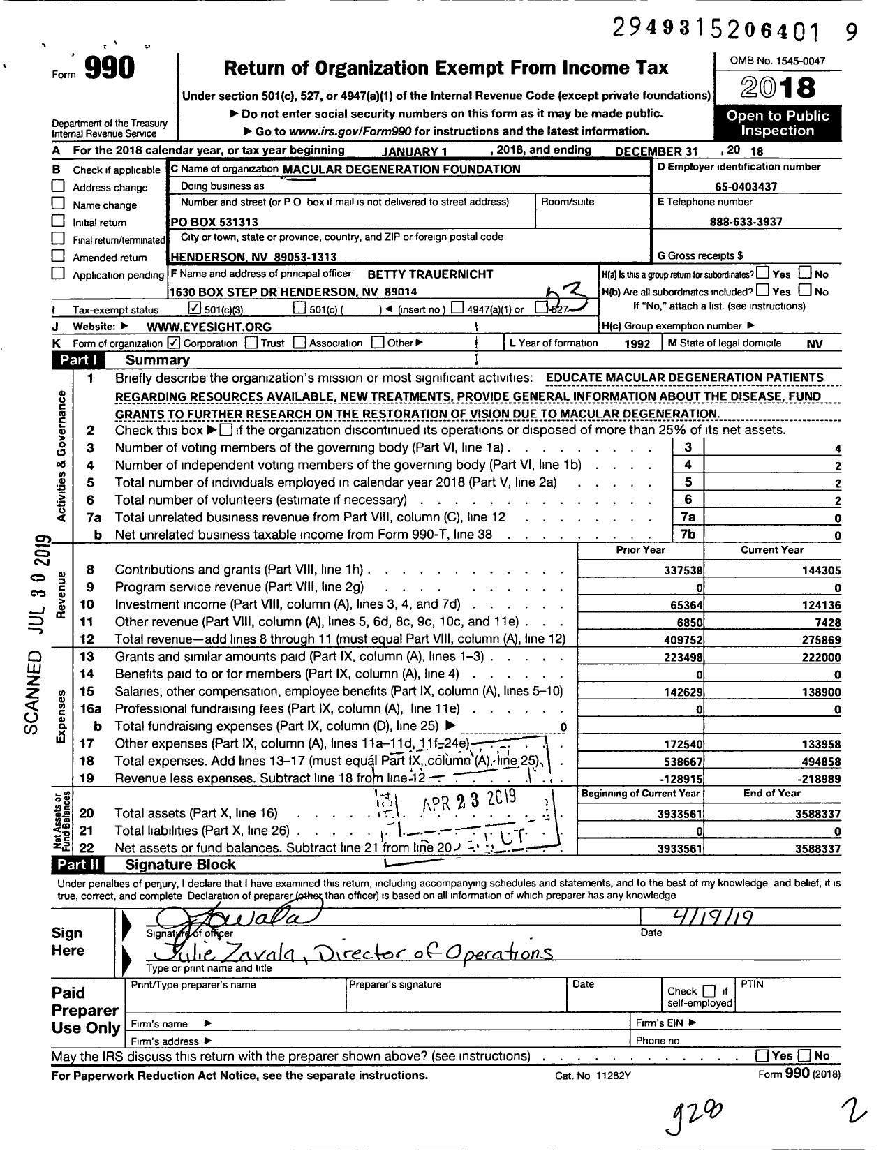 Image of first page of 2018 Form 990 for Macular Degeneration Foundation