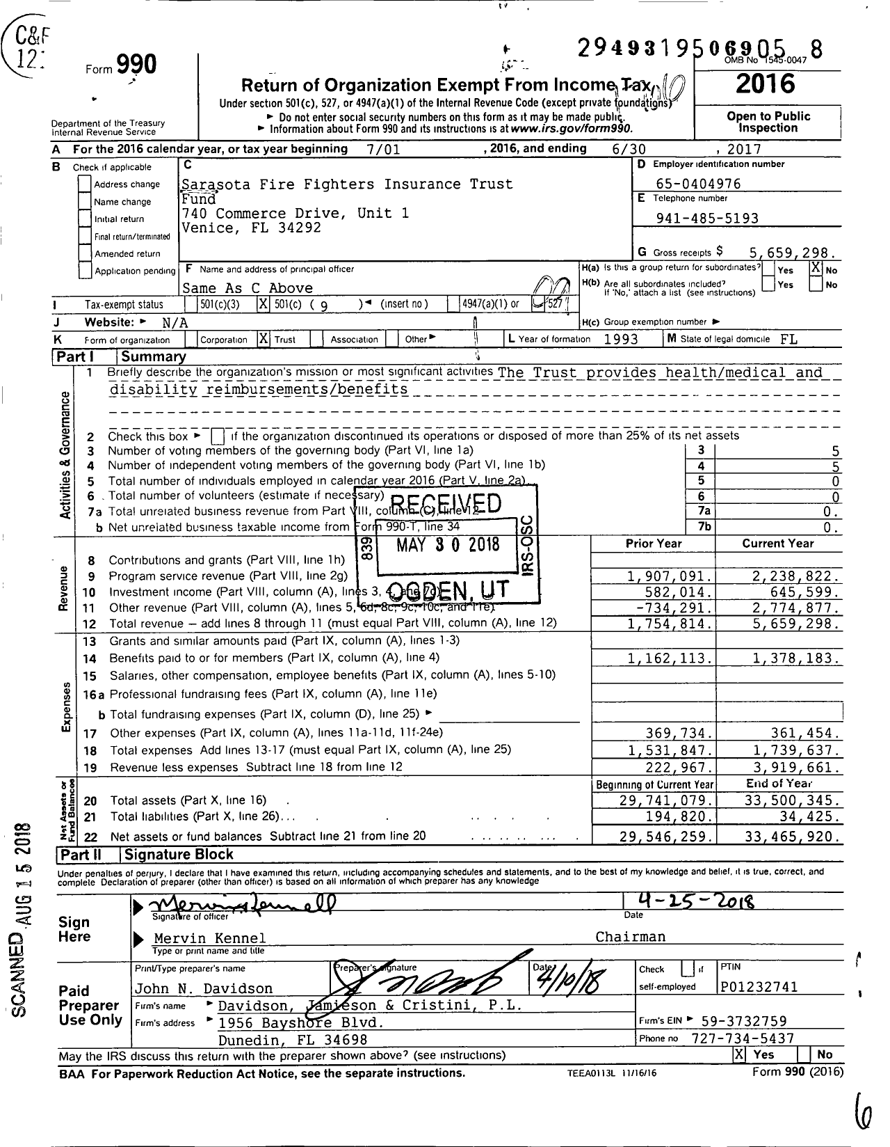 Image of first page of 2016 Form 990O for Sarasota Firefighters' Insurance Trust Fund