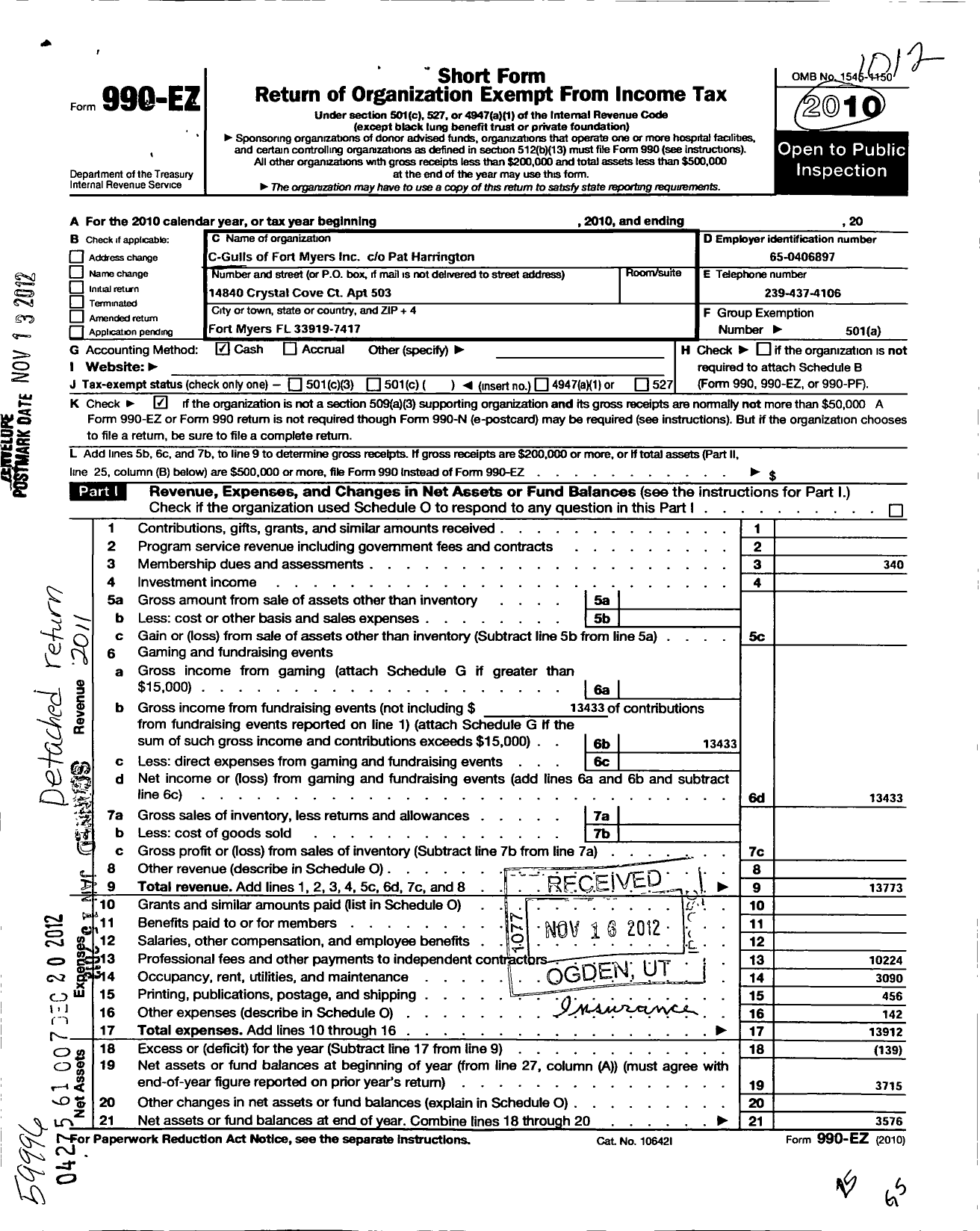 Image of first page of 2010 Form 990EO for C-Gulls of Fort Myers