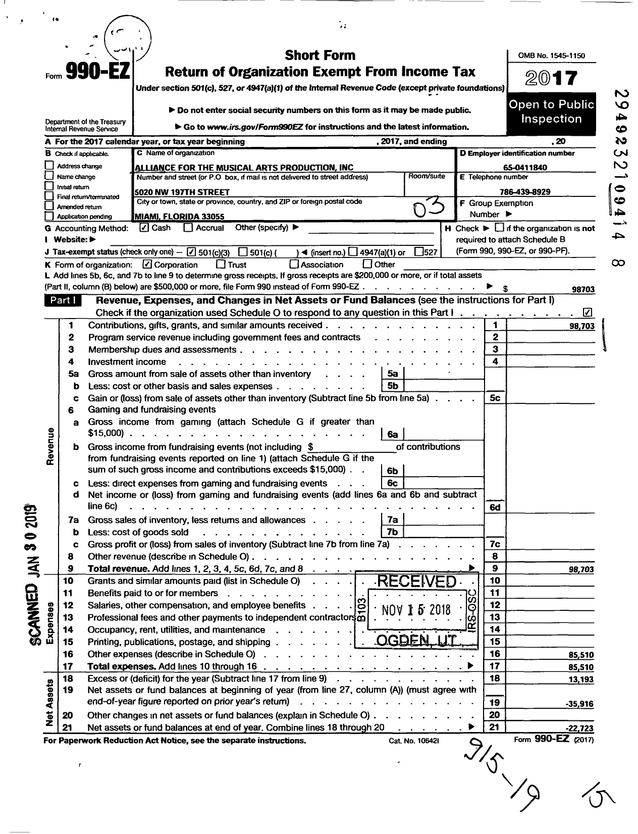 Image of first page of 2017 Form 990EZ for Alliance for Musical Arts Productions