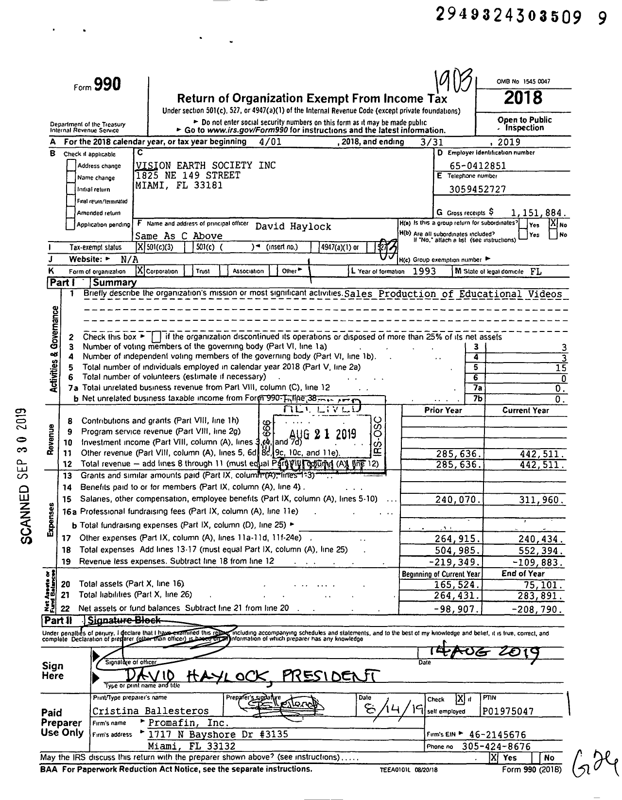 Image of first page of 2018 Form 990 for Vision Earth Society