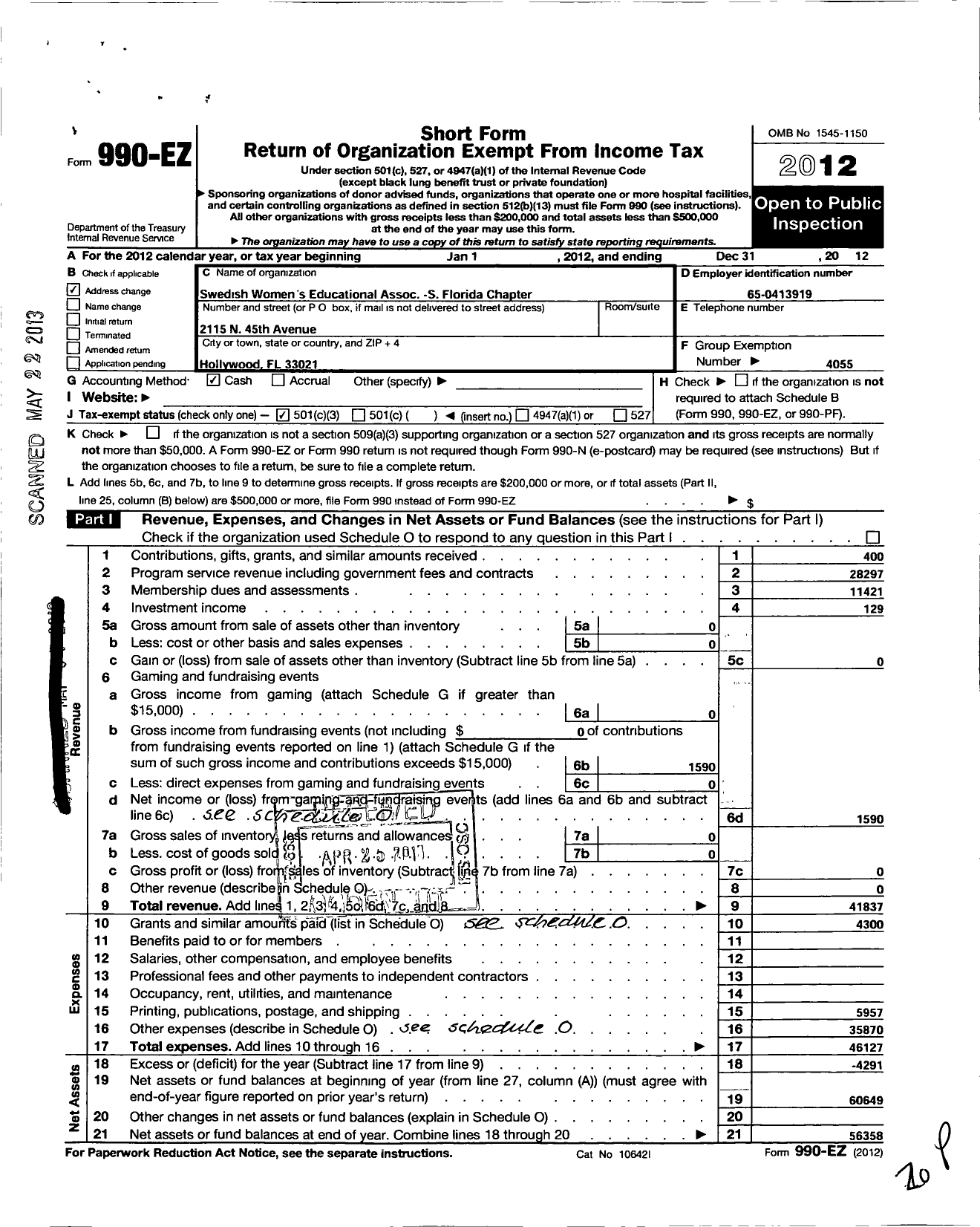 Image of first page of 2012 Form 990EZ for Swedish Womens Educational Association International