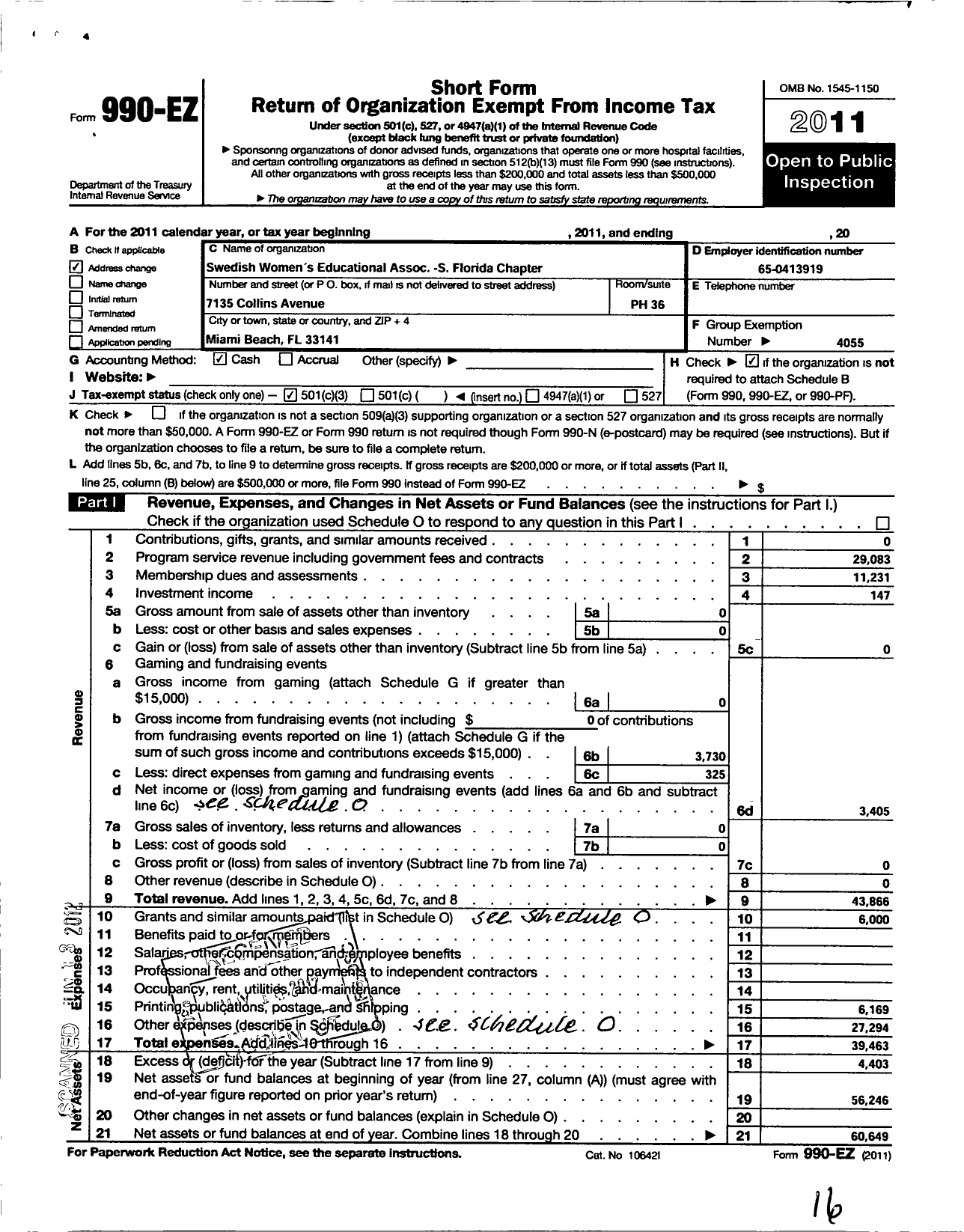 Image of first page of 2011 Form 990EZ for Swedish Womens Educational Association International