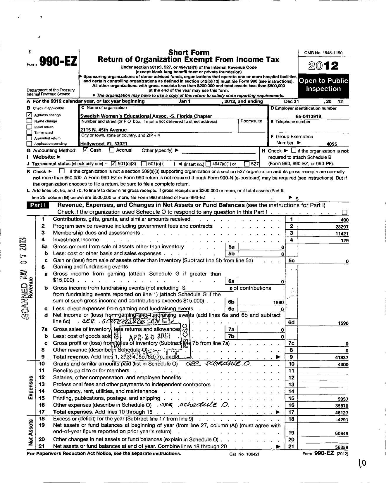 Image of first page of 2012 Form 990EZ for Swedish Womens Educational Association International