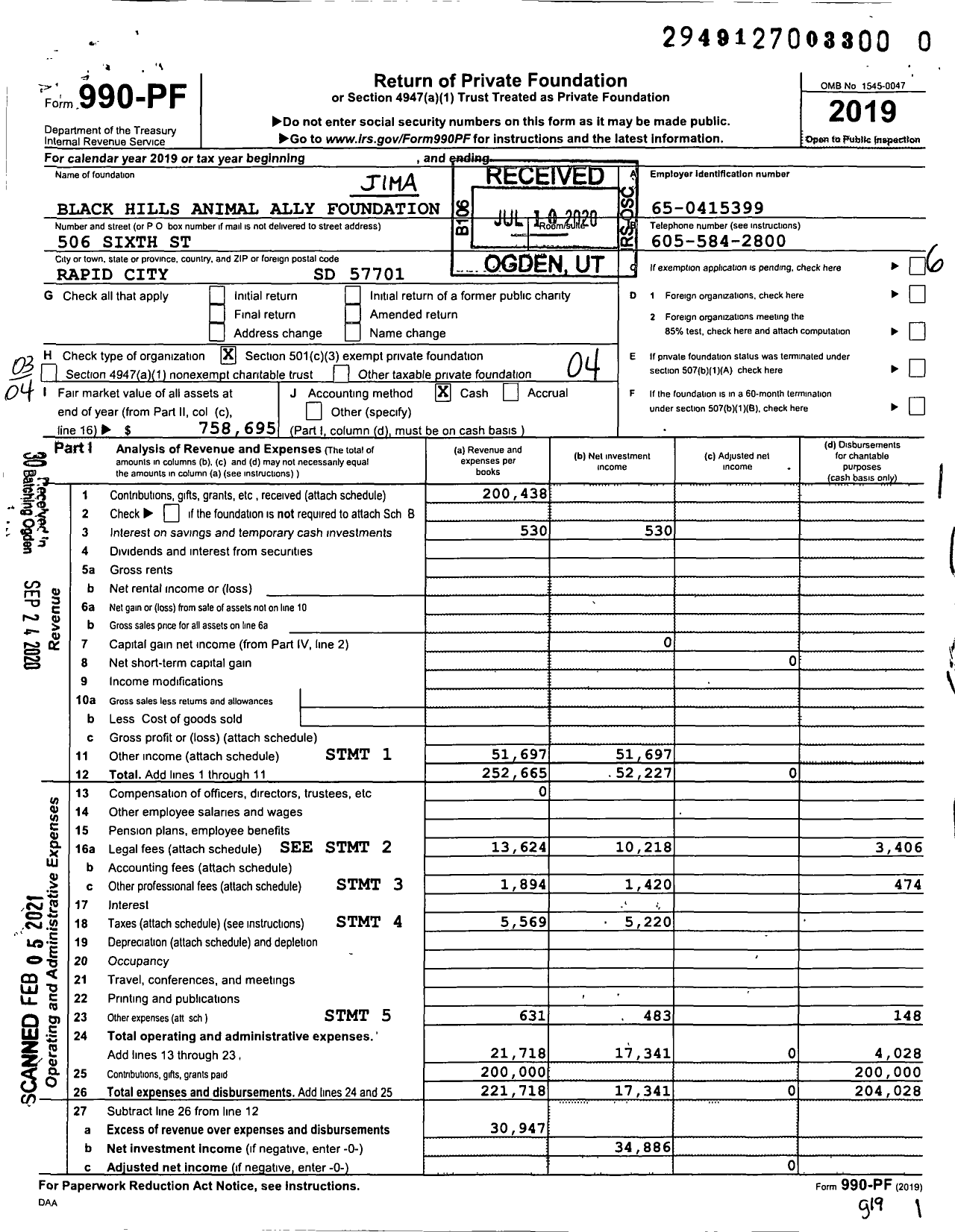 Image of first page of 2019 Form 990PF for Black Hills Animal Ally Foundation