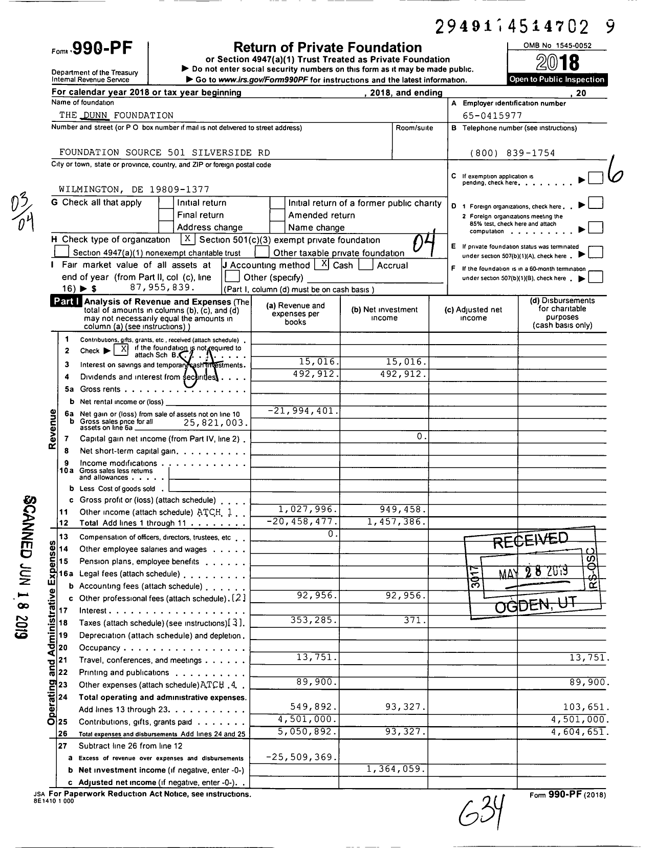 Image of first page of 2018 Form 990PF for The Dunn Foundation