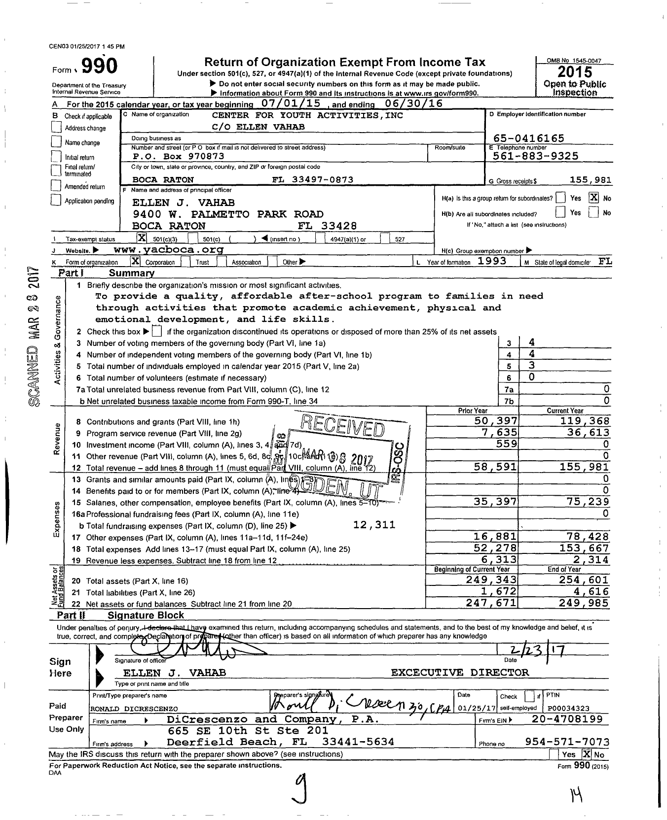 Image of first page of 2015 Form 990 for The Center for Youth Activities