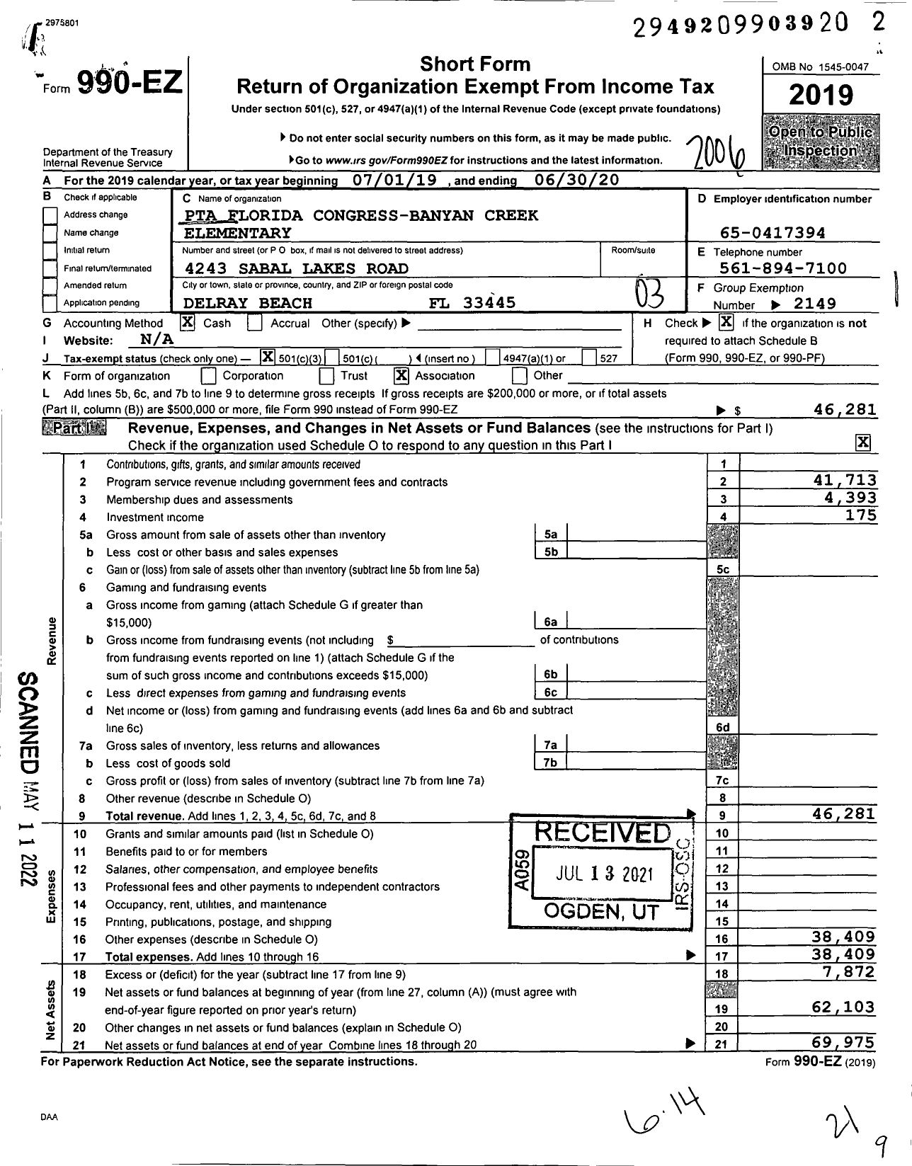 Image of first page of 2019 Form 990EZ for PTA Florida Congress - Banyan Creek Elementary